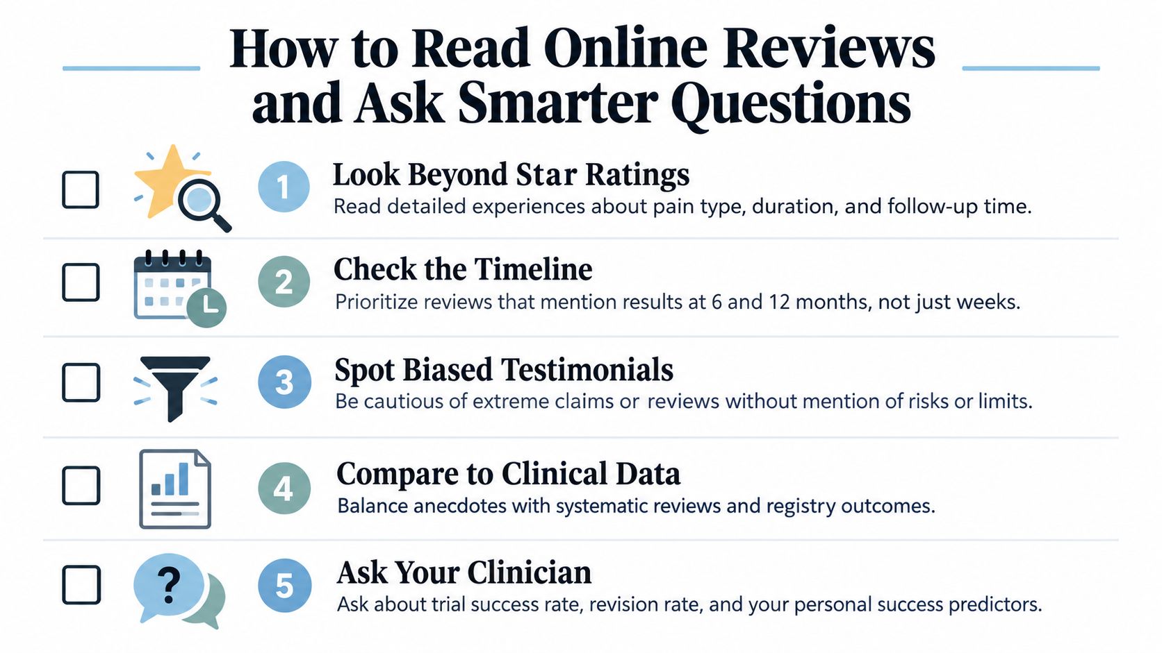 spinal cord stimulation reviews checklist infographic This guide will help you read spinal cord stimulation reviews with a clinician's eye. You'll learn how the therapy works, what randomized evidence says about pain and function, why trial success doesn't always equal long-term benefit, and how waveform differences can affect expectations. You'll also find practical questions to ask before considering a trial in Illinois, including if you live near Chicago Ridge, Palos Heights, Palos Hills, Evergreen Park, or Hickory Hills. Spinal Cord Stimulation Reviews What to Expect A checklist infographic titled How to Read Online Reviews and Ask Smarter Questions regarding medical treatments.