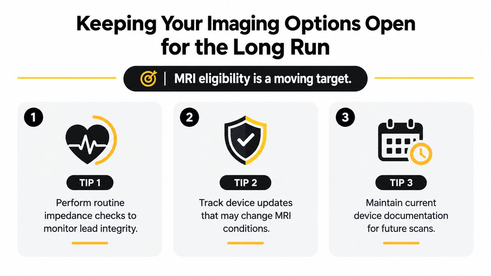 An infographic titled Keeping Your Imaging Options Open for the Long Run listing three tips for MRI eligibility.