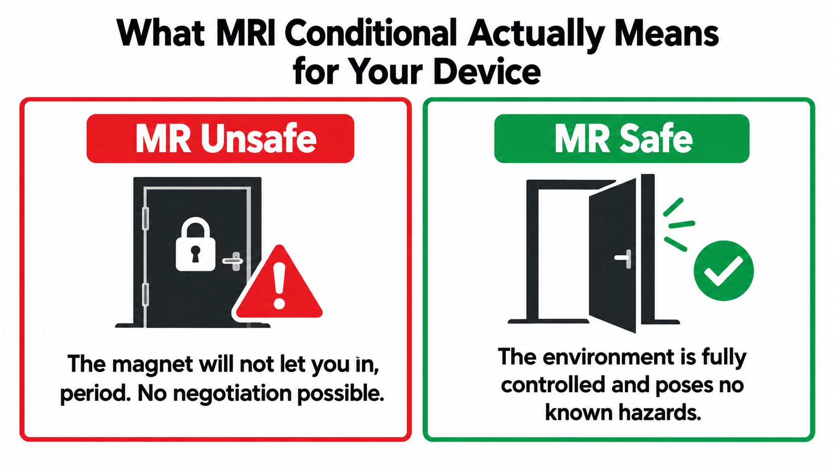 A diagram contrasting MR Unsafe and MR Safe icons with descriptive text explaining MRI safety status.
