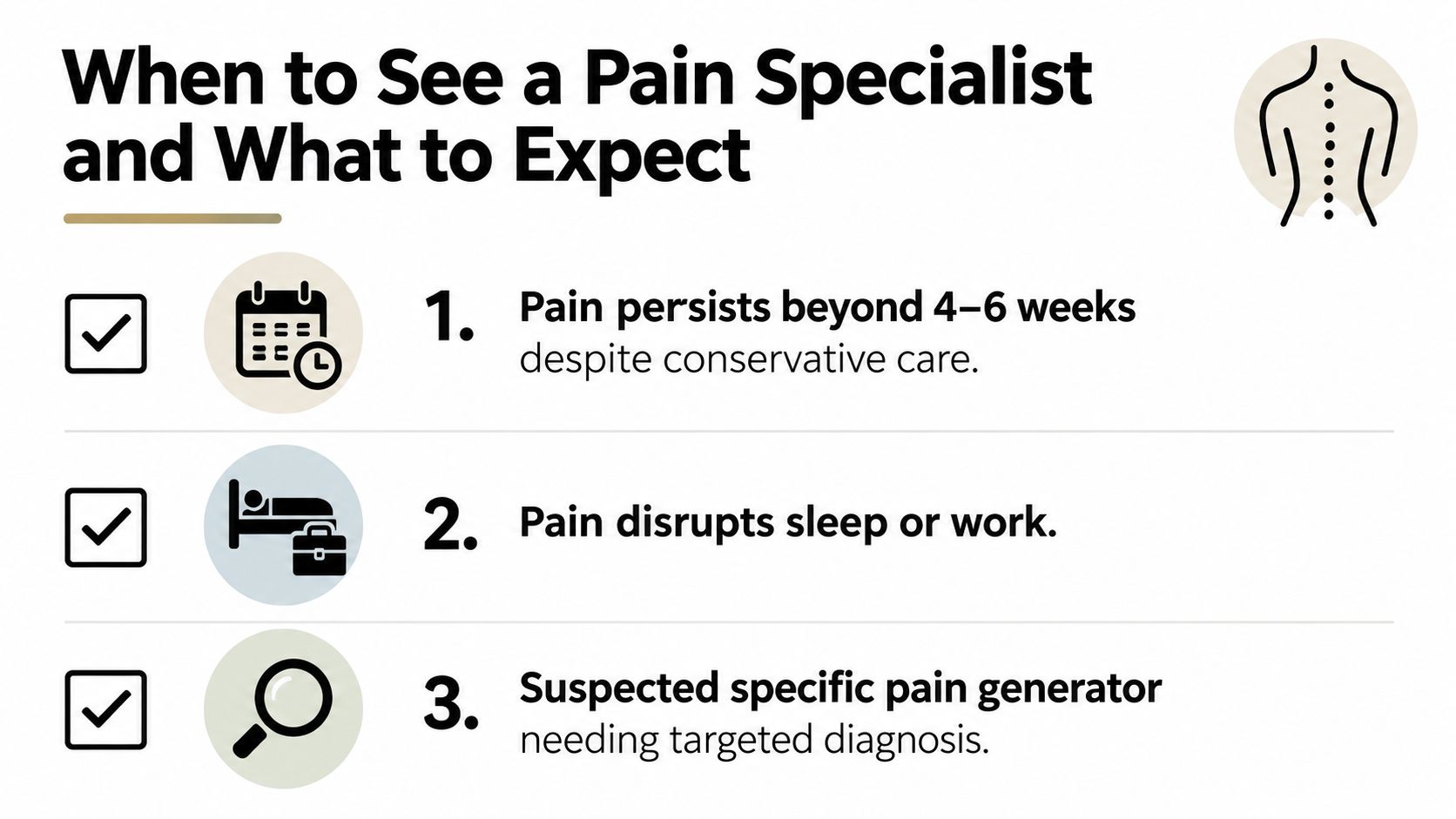 An infographic list showing three key reasons to visit a pain specialist for chronic discomfort management.