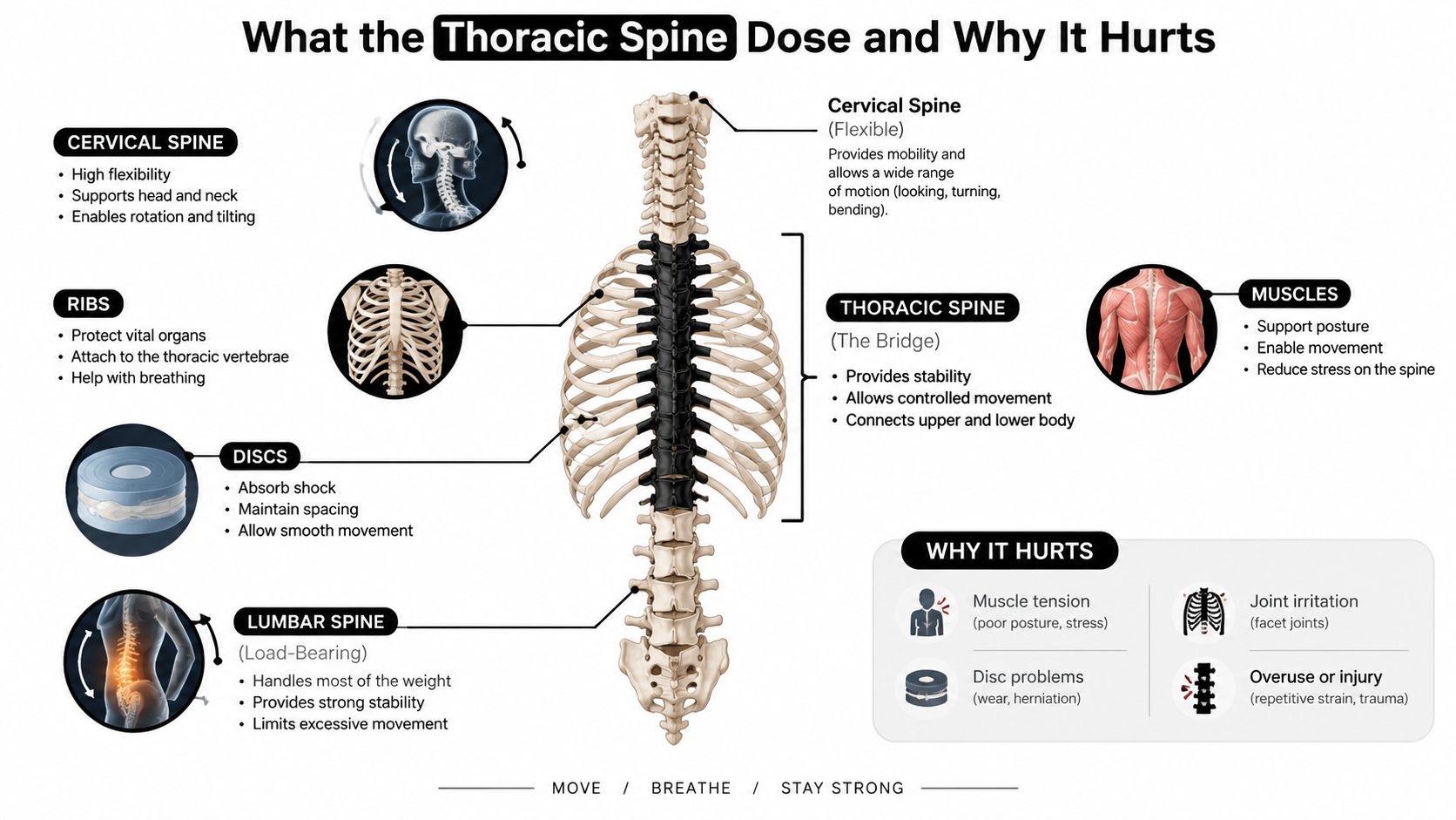 An anatomical illustration displaying the structure of the human thoracic spine and common causes of spinal pain.