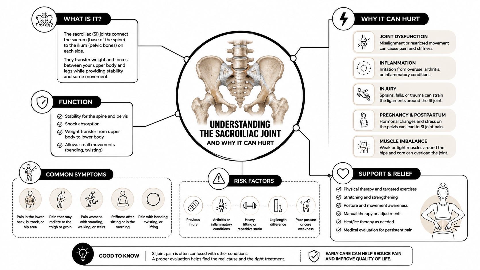 An infographic titled Understanding the Sacroiliac Joint explaining its function, causes of pain, symptoms, and relief methods.