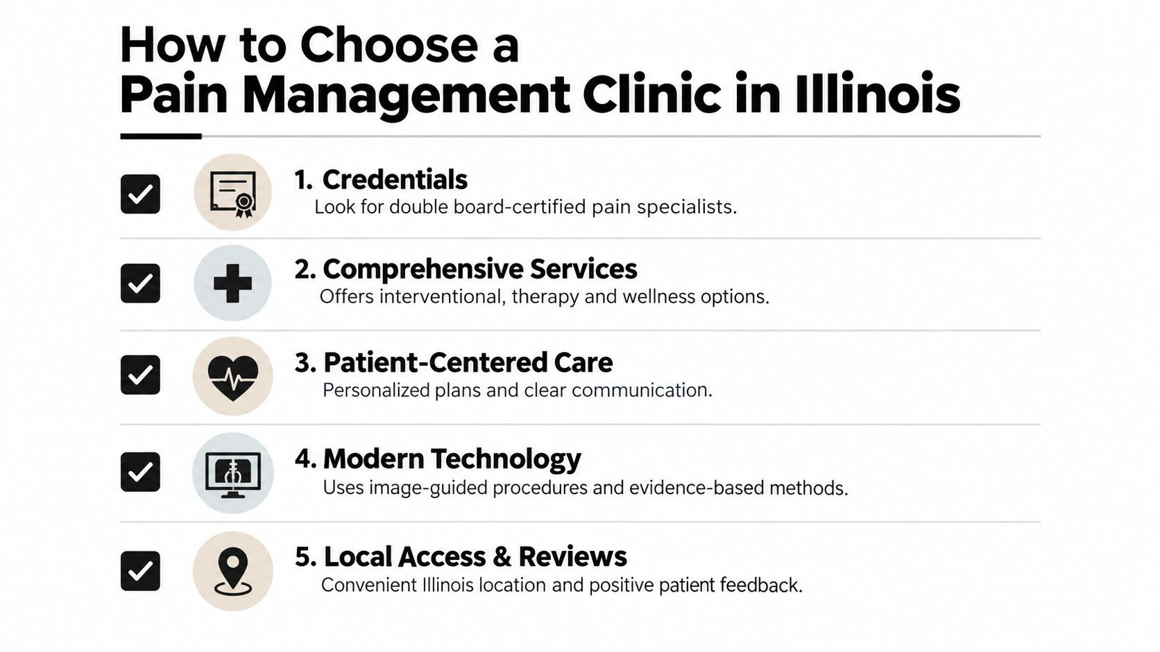 what is pain management clinic clinic checklist A pain management clinic is a multidisciplinary, opioid-sparing center that identifies pain sources and coordinates interventional, rehabilitative, and behavioral care to restore function. It isn't only a place for injections or opioid prescriptions. What Is Pain Management Clinic and How It Helps You Heal An infographic list outlining five key factors for choosing a pain management clinic in Illinois.