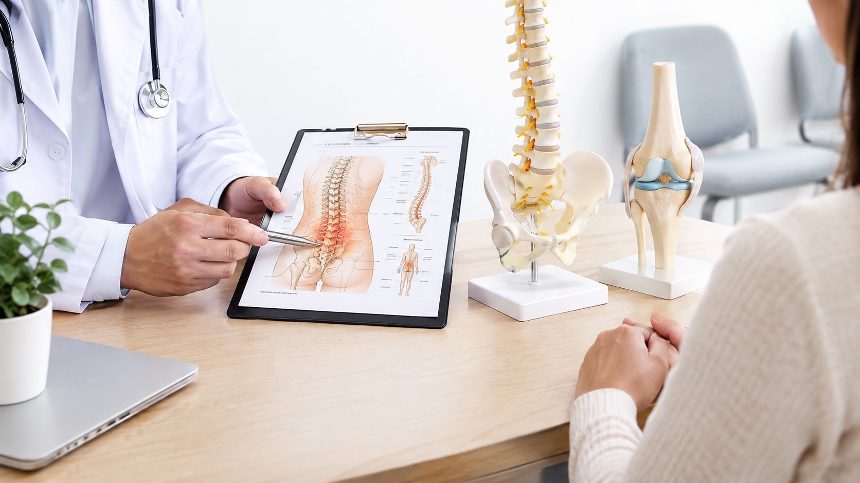 what is pain management clinic medical consultation 1 A pain management clinic is a multidisciplinary, opioid-sparing center that identifies pain sources and coordinates interventional, rehabilitative, and behavioral care to restore function. It isn't only a place for injections or opioid prescriptions. What Is Pain Management Clinic and How It Helps You Heal A doctor explaining a spinal diagnosis using a chart to a patient during a medical consultation.
