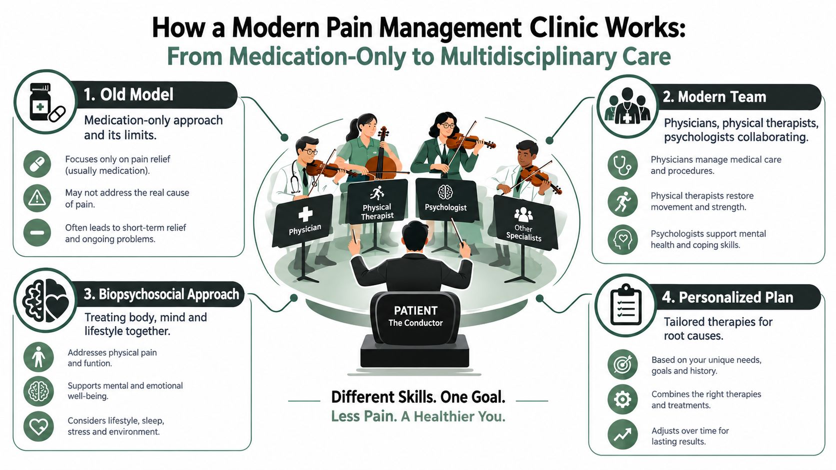 what is pain management clinic pain management infographic A pain management clinic is a multidisciplinary, opioid-sparing center that identifies pain sources and coordinates interventional, rehabilitative, and behavioral care to restore function. It isn't only a place for injections or opioid prescriptions. What Is Pain Management Clinic and How It Helps You Heal An infographic showing the evolution from medication-only approaches to modern, multidisciplinary pain management clinics.