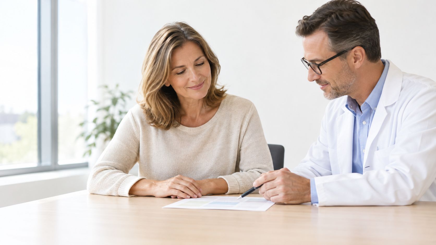 A male doctor in a white coat explaining medical document results to a female patient in office.