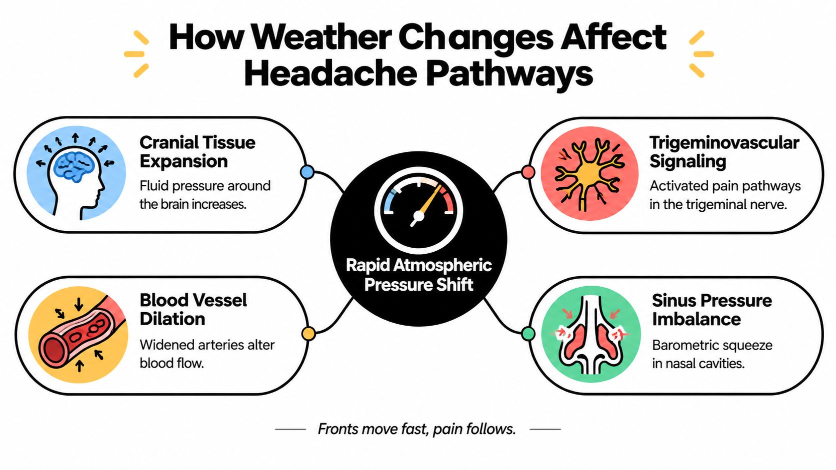 can bad weather cause headaches headache pathways The useful question isn't, “Can bad weather cause headaches?” It's, “Which weather changes lower my headache threshold, and what else is happening at the same time?” That distinction helps you prepare without blaming every rainy day, and it helps a pain and wellness clinic choose treatment based on your actual pattern rather than on a forecast alone. Can Bad Weather Cause Headaches? Science-Backed Relief A diagram explaining how rapid atmospheric pressure shifts can trigger headache pathways including cranial tissue and blood vessel changes.