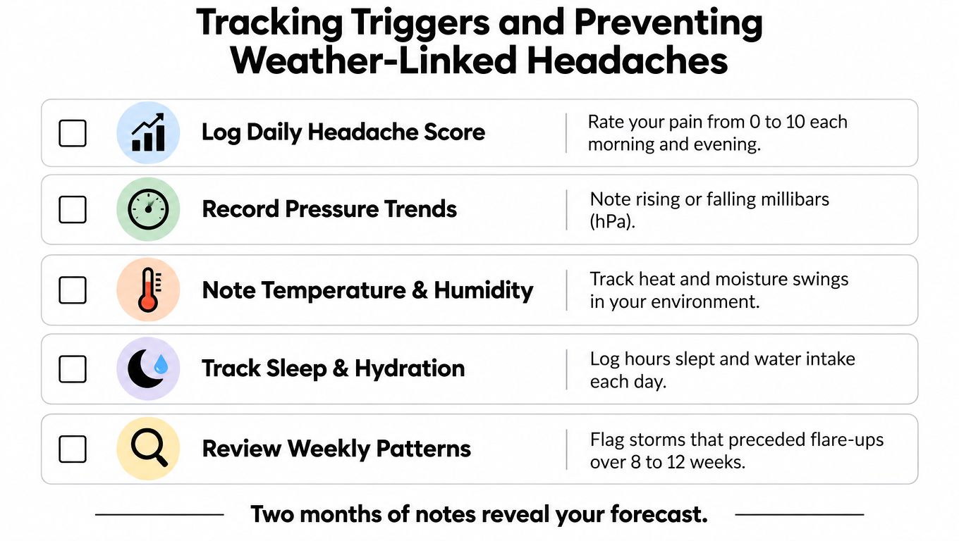 can bad weather cause headaches headache tracking The useful question isn't, “Can bad weather cause headaches?” It's, “Which weather changes lower my headache threshold, and what else is happening at the same time?” That distinction helps you prepare without blaming every rainy day, and it helps a pain and wellness clinic choose treatment based on your actual pattern rather than on a forecast alone. Can Bad Weather Cause Headaches? Science-Backed Relief A checklist infographic illustrating five steps to track and manage weather-linked headache triggers.