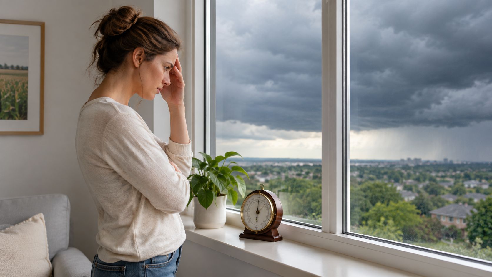 can bad weather cause headaches stormy window The useful question isn't, “Can bad weather cause headaches?” It's, “Which weather changes lower my headache threshold, and what else is happening at the same time?” That distinction helps you prepare without blaming every rainy day, and it helps a pain and wellness clinic choose treatment based on your actual pattern rather than on a forecast alone. Can Bad Weather Cause Headaches? Science-Backed Relief A concerned woman standing by a window looking out at a stormy, dark, rainy sky.