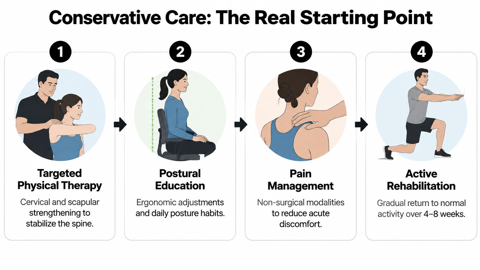 cervical radiculopathy treatment options conservative care You're driving home, you check your blind spot, and a sharp, electric pain shoots from your neck into your shoulder and down to your thumb. Later, your grip feels clumsy opening a jar. At night, you can't find a pillow position that doesn't set it off again. Cervical Radiculopathy Treatment Options That Actually Work A four-step infographic illustrating conservative care treatment options for spinal health and rehabilitation.