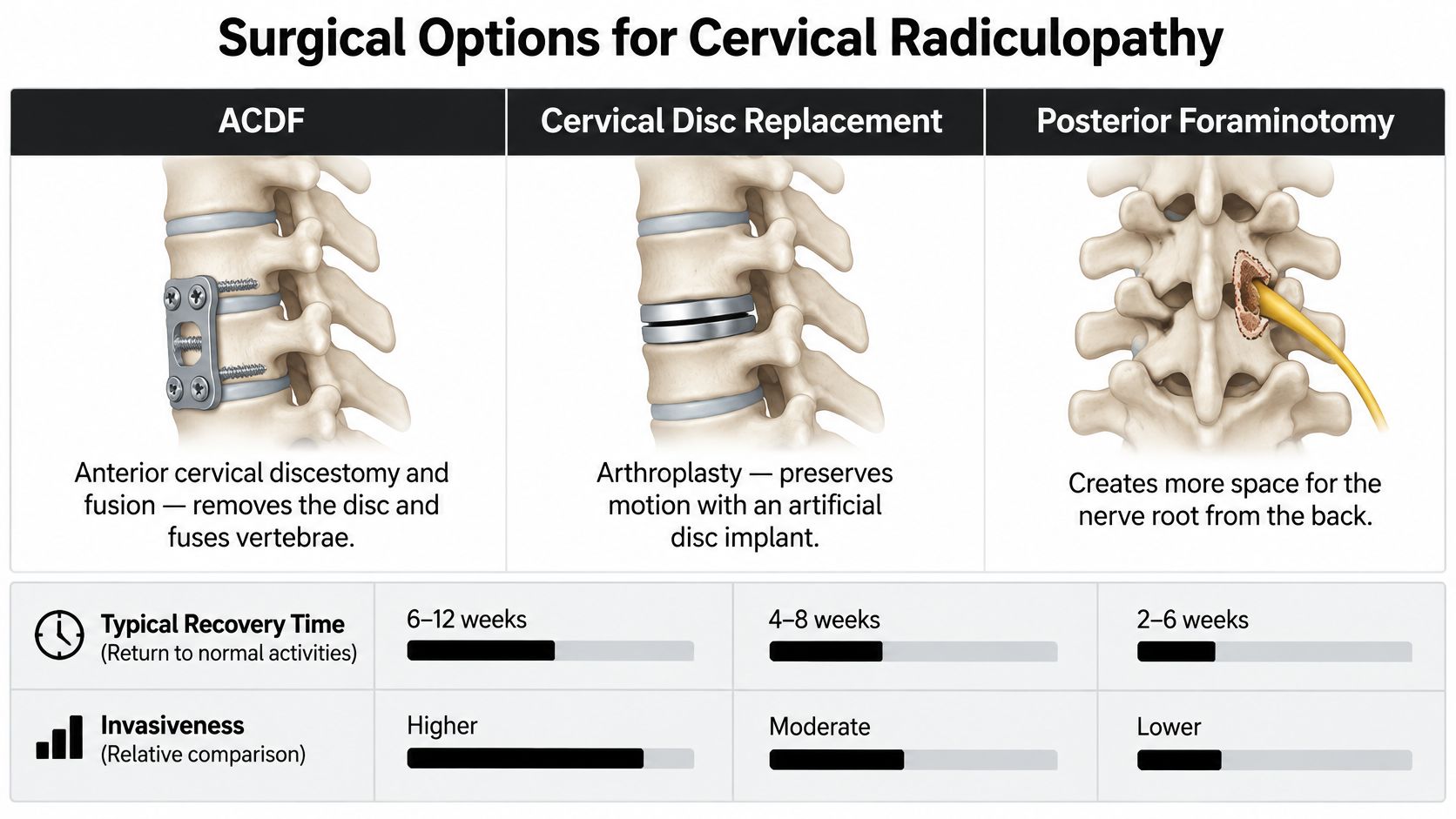 cervical radiculopathy treatment options surgical procedures You're driving home, you check your blind spot, and a sharp, electric pain shoots from your neck into your shoulder and down to your thumb. Later, your grip feels clumsy opening a jar. At night, you can't find a pillow position that doesn't set it off again. Cervical Radiculopathy Treatment Options That Actually Work A chart illustrating surgical options for cervical radiculopathy, comparing ACDF, disc replacement, and posterior foraminotomy procedures.