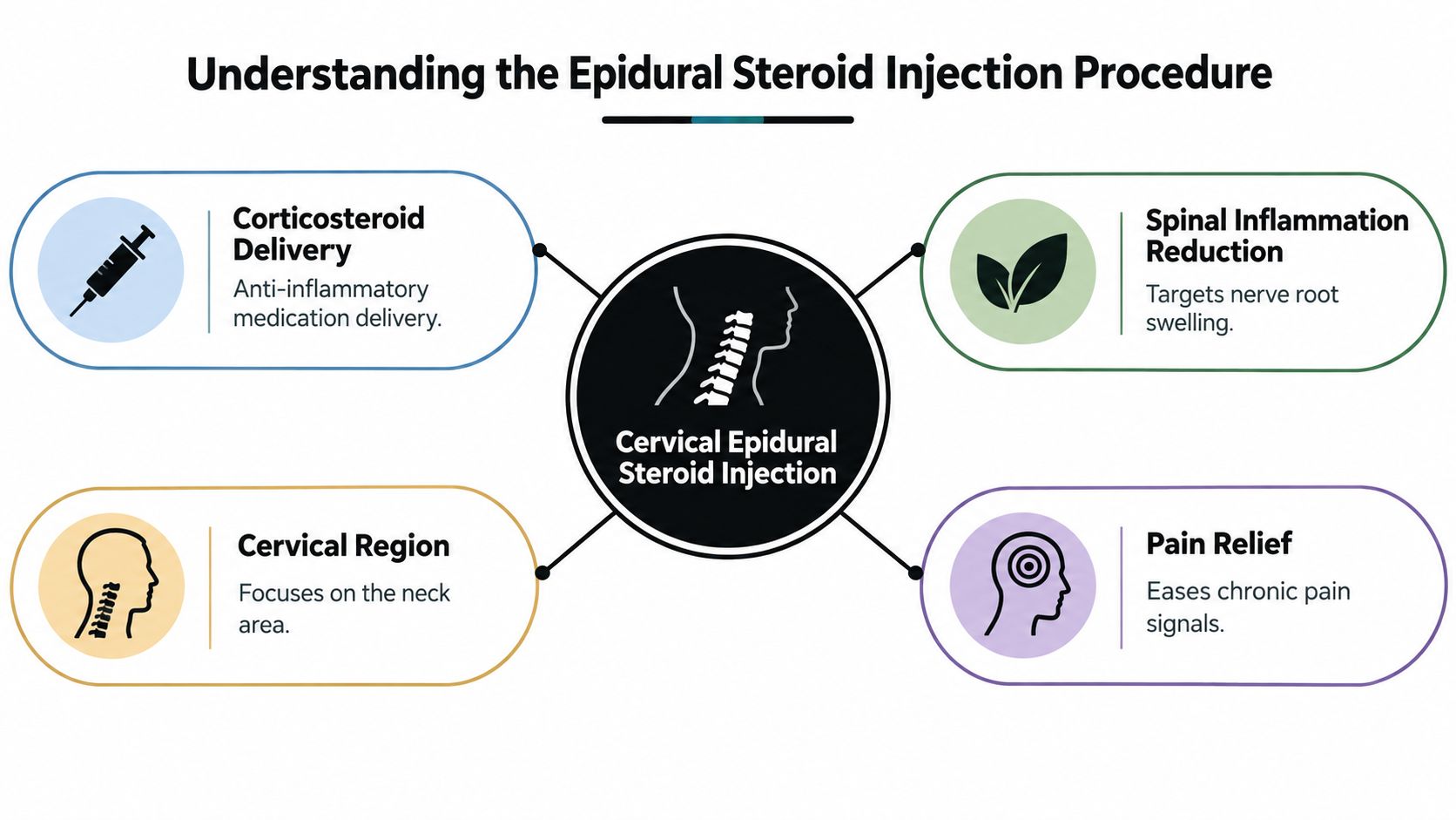A diagram explaining the cervical epidural steroid injection procedure, focusing on medication delivery and pain relief.