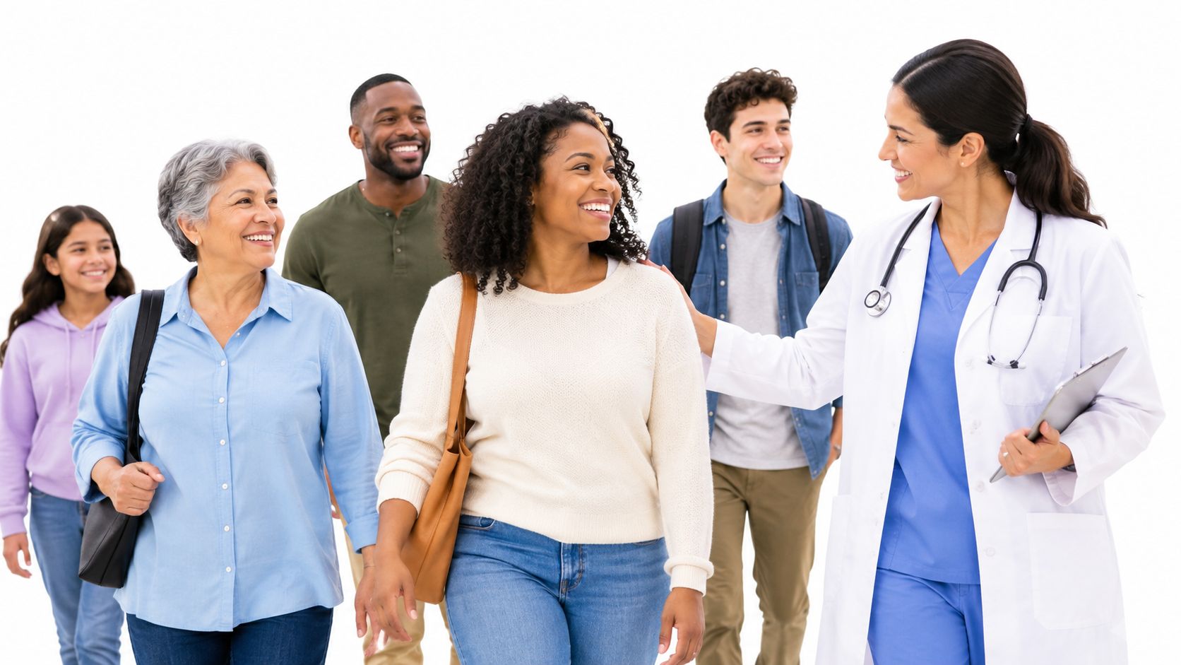 A diverse group of patients and a doctor walking together in a bright medical setting.