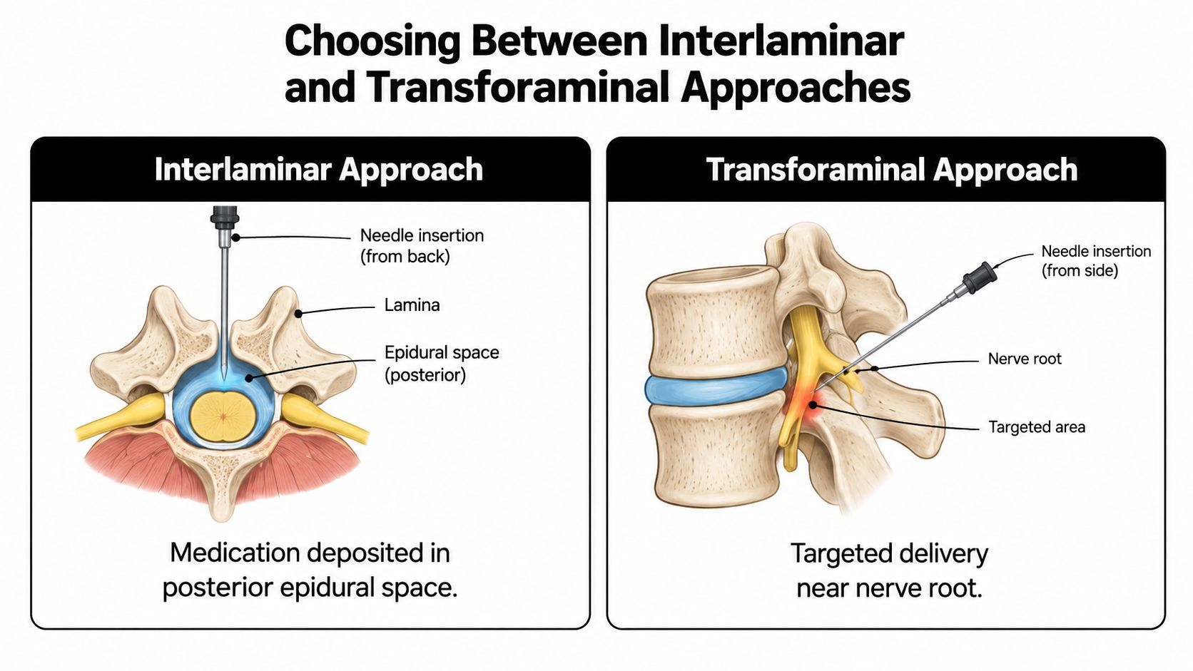 A medical illustration comparing interlaminar and transforaminal epidural steroid injection approaches for treating spinal pain.