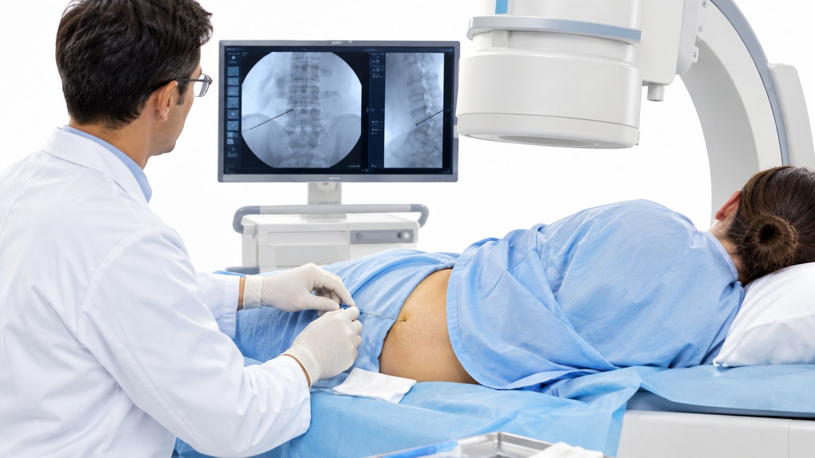 A doctor performing a medical procedure on a patient's back using an X-ray imaging monitor for guidance.