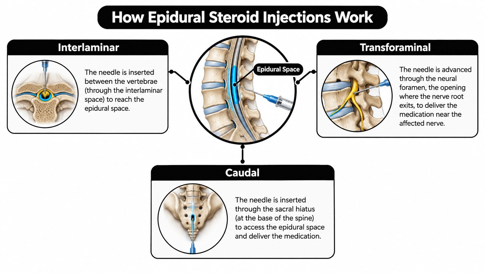 A diagram explaining the three types of epidural steroid injections: interlaminal, transforaminal, and caudal spinal procedures.