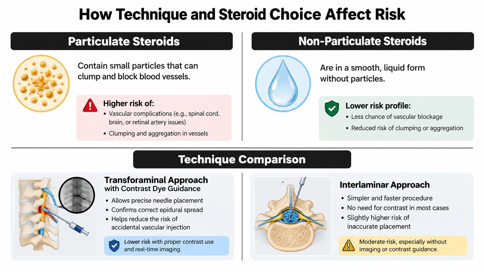 A comparison chart explaining the risks associated with different steroid types and injection techniques for epidural procedures.