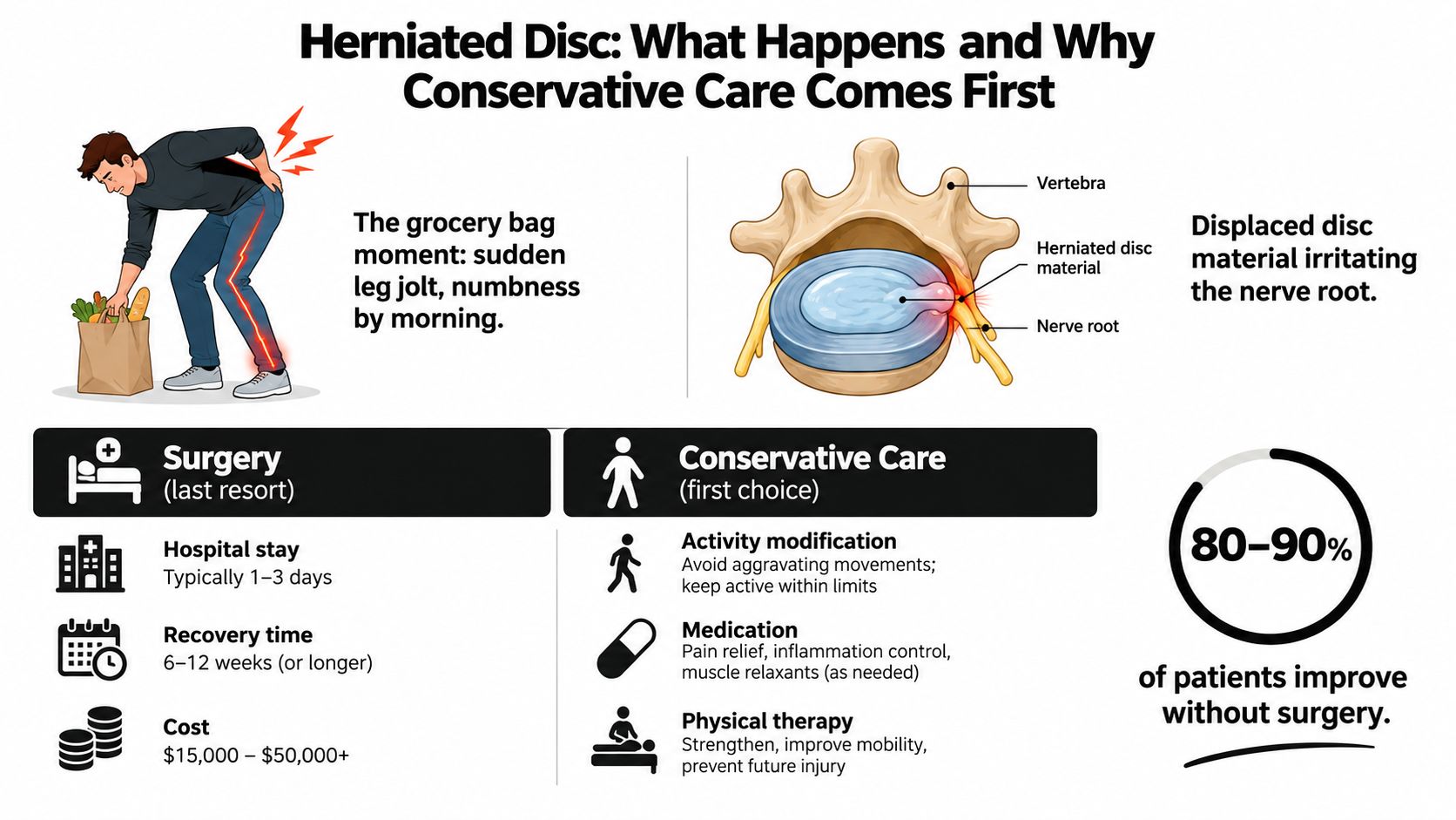 An infographic showing that conservative care is the first choice for treating a painful herniated disc.