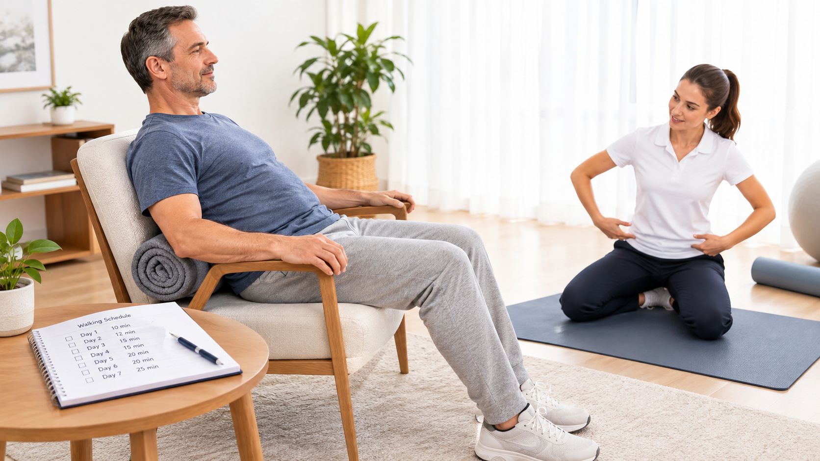 A professional therapist guides a male patient through physical therapy exercises for his back while seated comfortably.