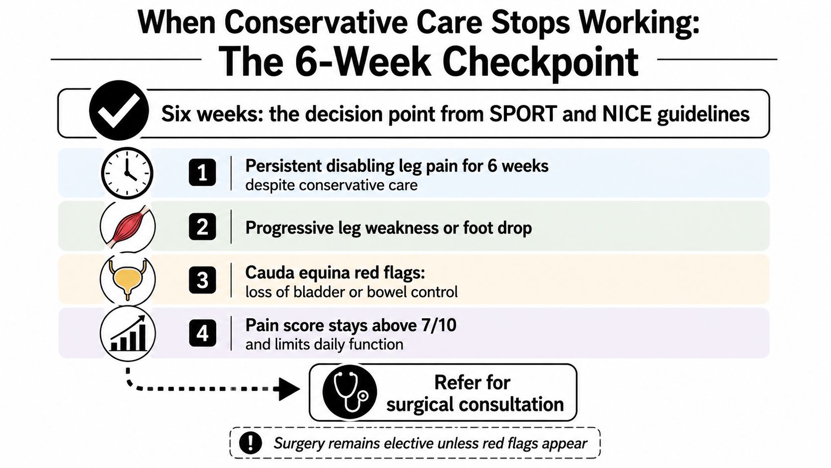 An infographic titled The 6-Week Checkpoint illustrating medical criteria for when to seek surgical consultation for back pain.