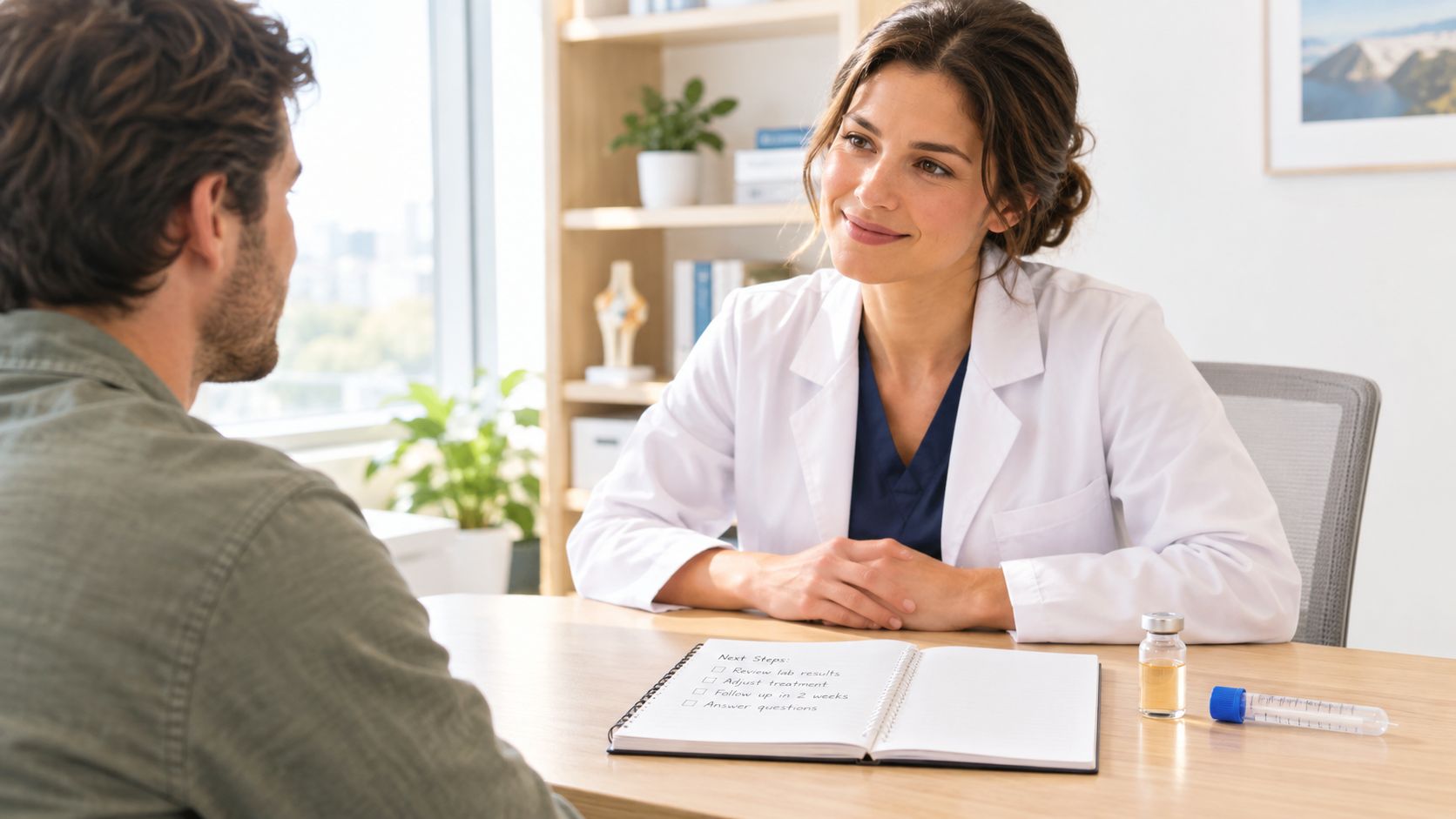 A female doctor in a white lab coat discusses medical treatment with a male patient in office.