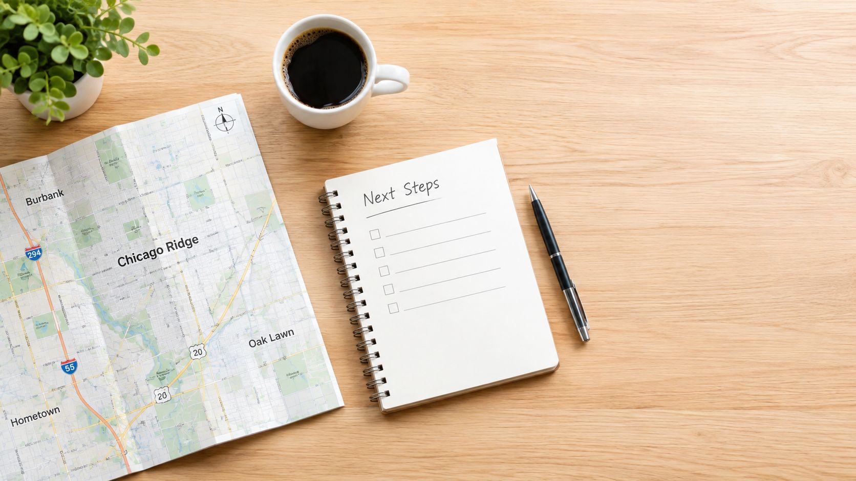 A notepad labeled Next Steps, a coffee cup, and a map resting on a wooden desk.