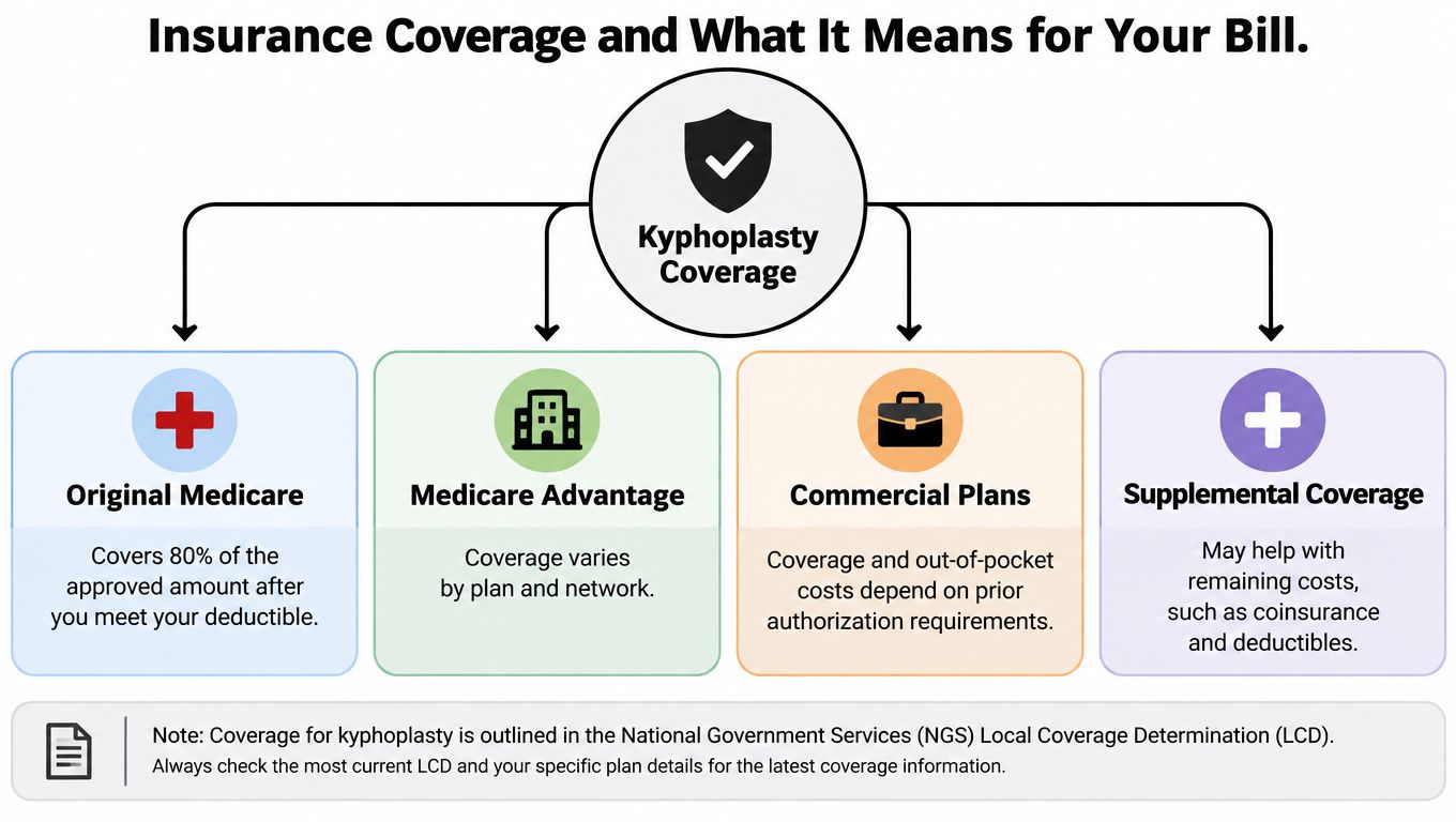 kyphoplasty cost insurance coverage A Chicago Ridge-area patient usually isn't asking for a national average. They're looking at a recent compression fracture, trying to sleep, walk, or return to normal activities, and wondering whether the procedure will create a manageable bill or an unpleasant surprise. The useful question is not, "What does kyphoplasty cost?" It's, "What amount will my specific facility, physician, insurer, and treatment plan produce?" Kyphoplasty Cost in Illinois: What Patients Actually Pay A flowchart explaining insurance coverage for kyphoplasty procedures across Original Medicare, Medicare Advantage, commercial, and supplemental plans.