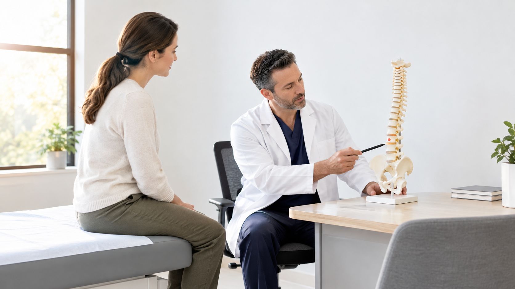 A doctor in a white coat explaining a spinal model to a patient in a medical clinic.