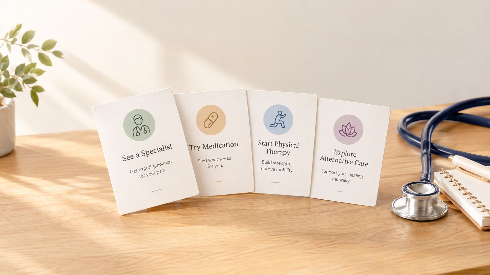 Four cards showing medical options for pain relief placed on a wooden desk with a stethoscope.