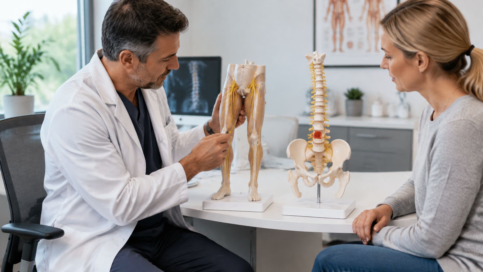 A doctor explaining the anatomy of the legs and spine to a female patient during consultation.