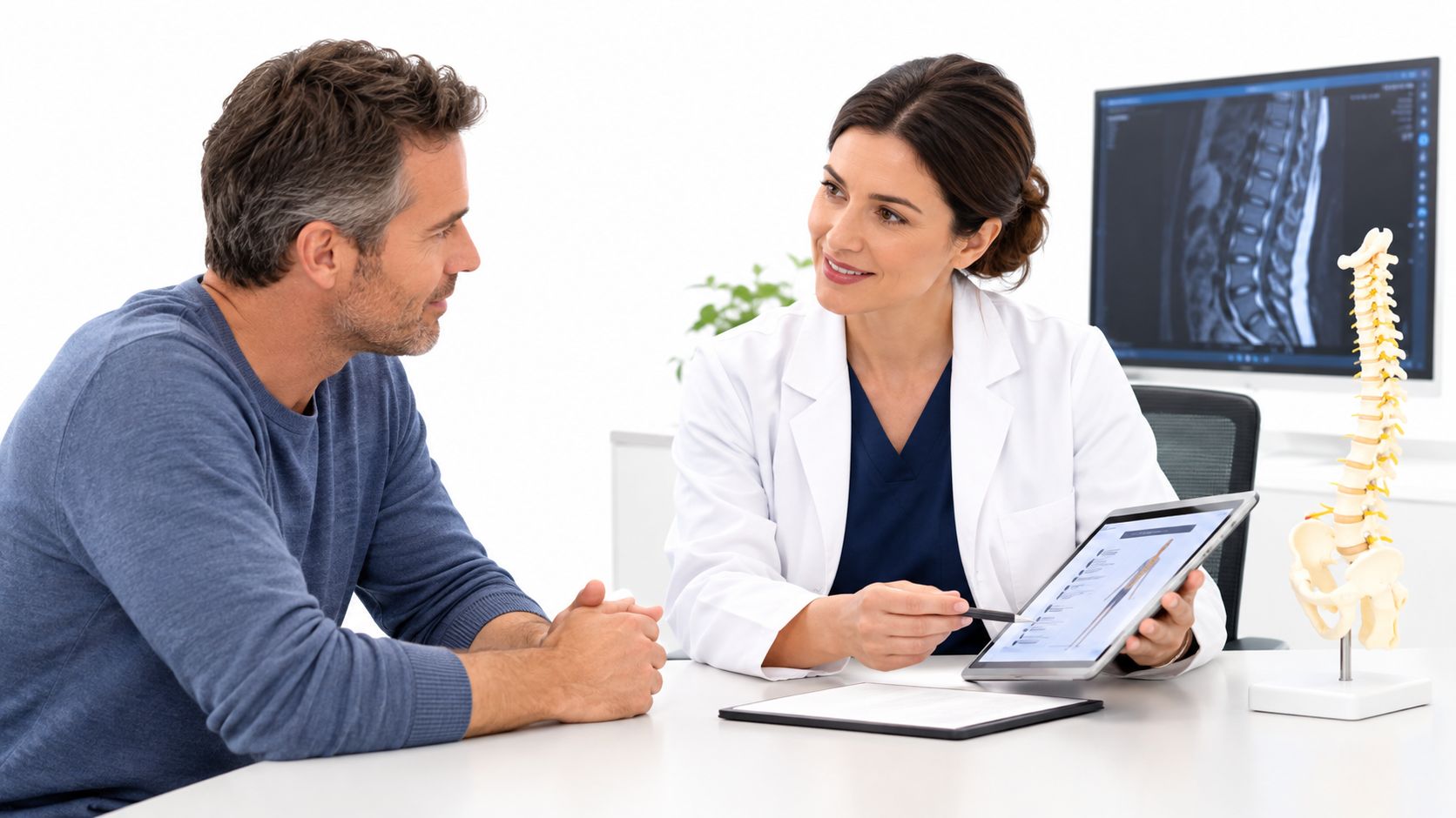 A female doctor in a white coat explains a spinal chart on a tablet to a male patient.