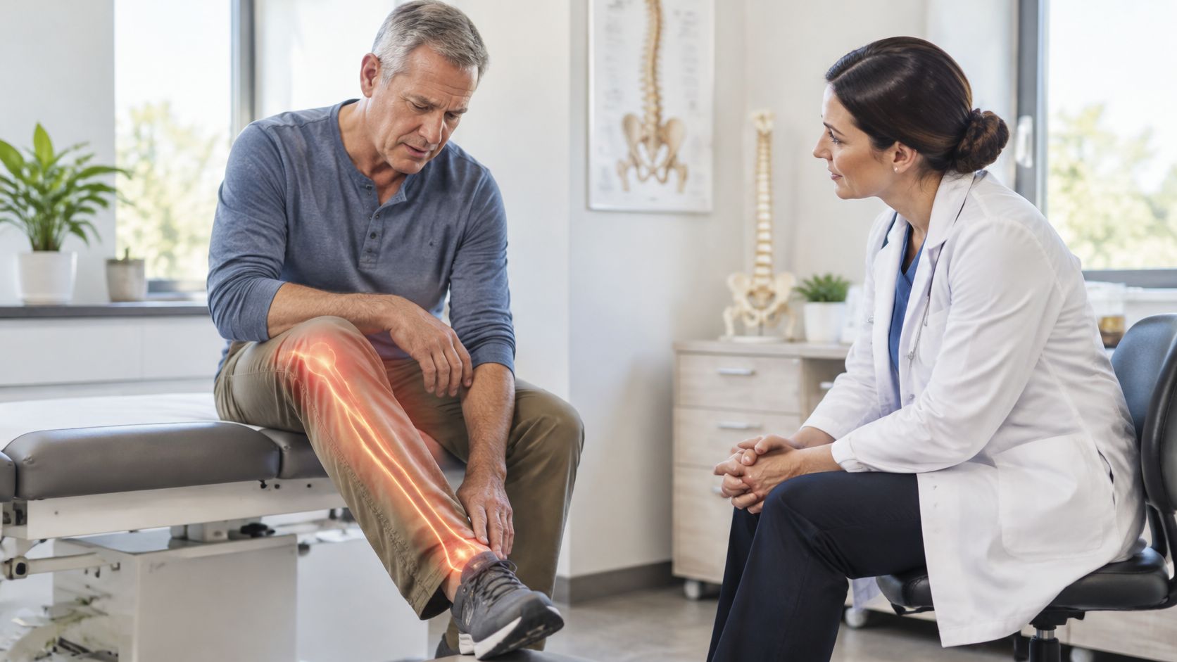 A doctor in a medical office consulting with an older male patient experiencing leg pain and discomfort.