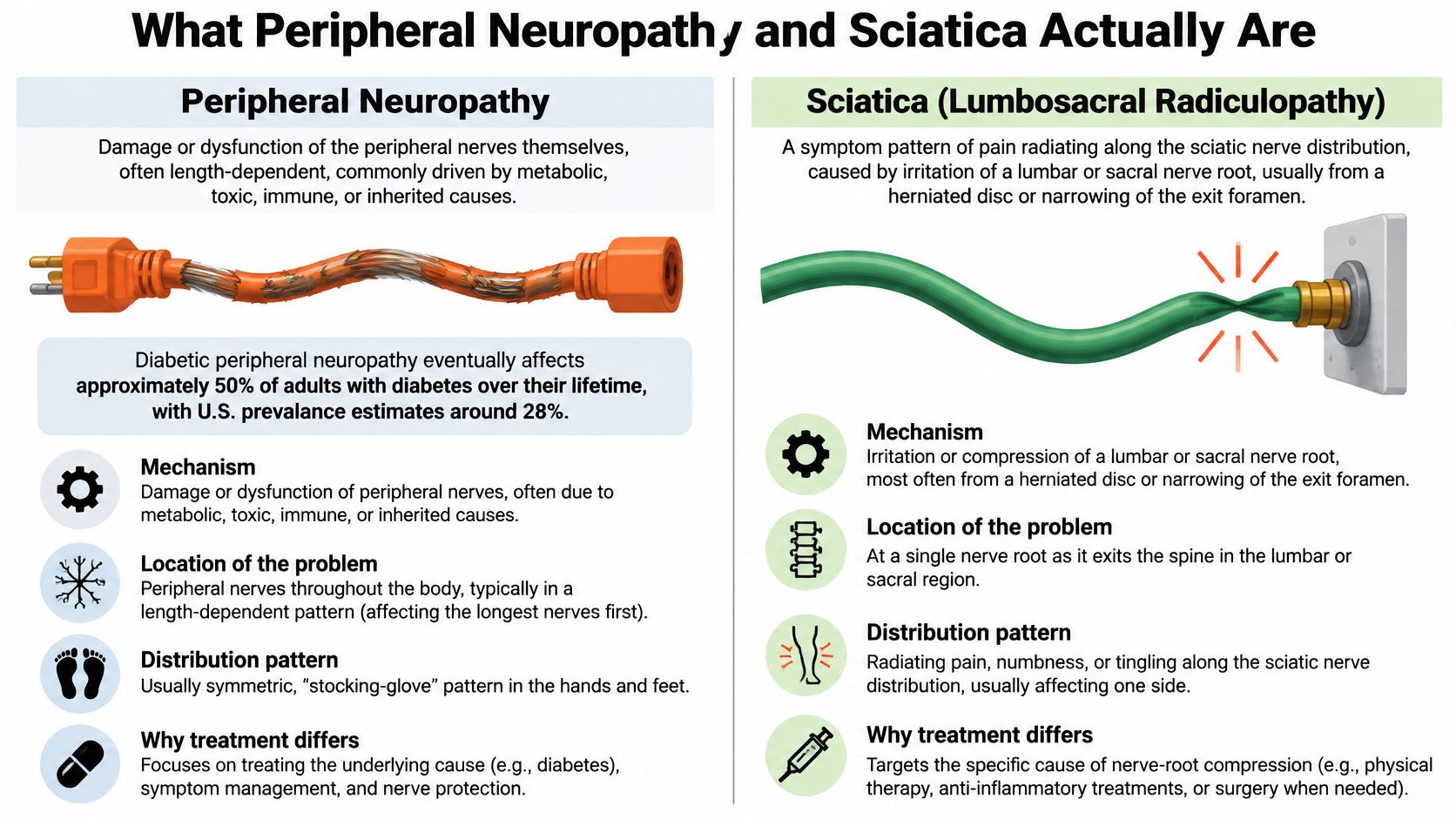 A comparative chart explaining the differences between peripheral neuropathy and sciatica with illustrative medical descriptions.