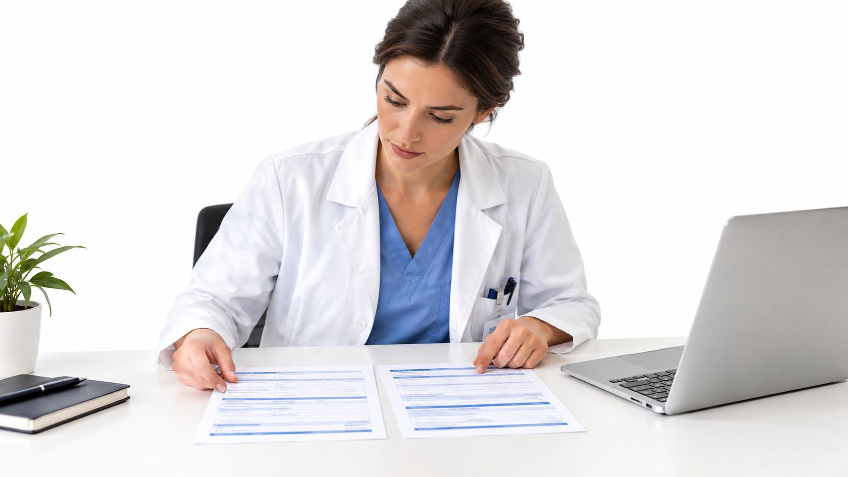 A female doctor in a white lab coat reviews medical documents while working at her desk.