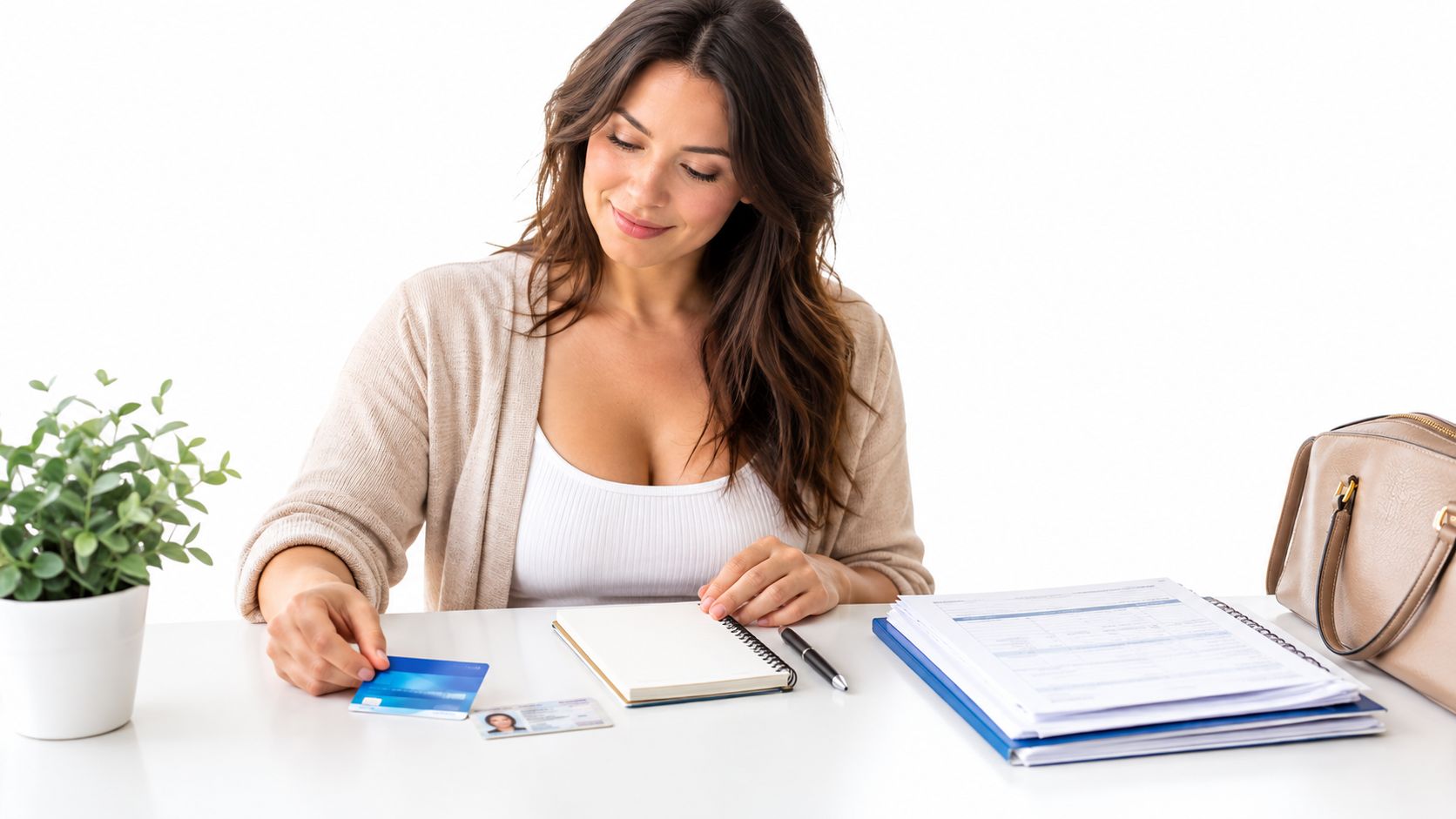 A woman reviewing her insurance documents while holding a credit card and identification at her desk.