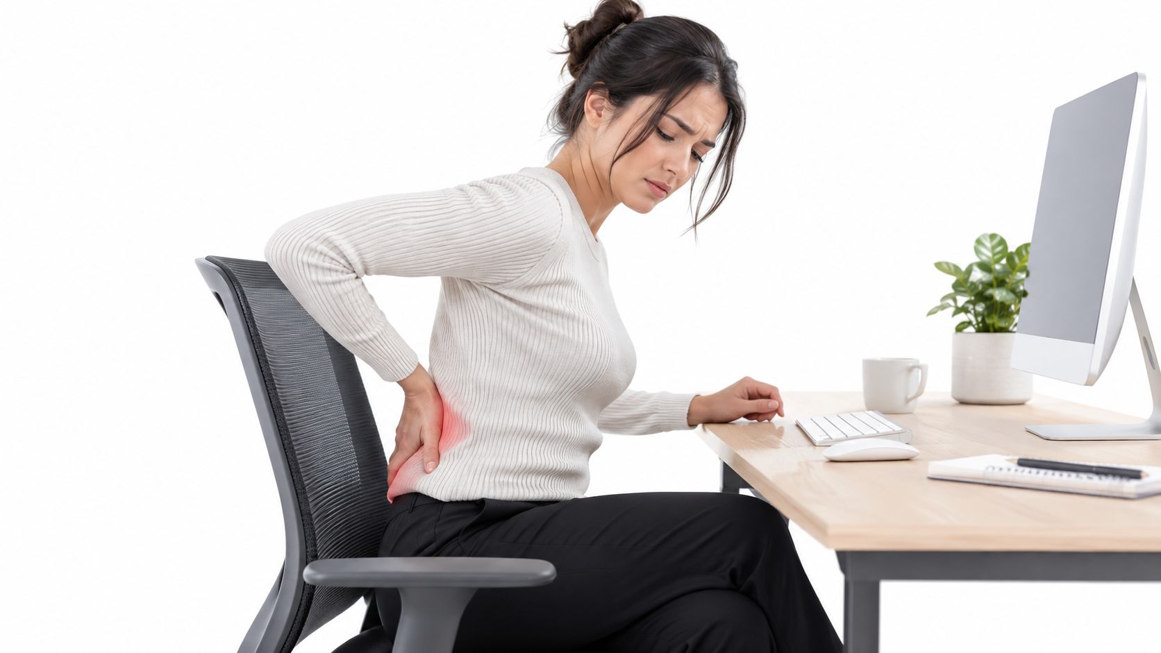 A woman sitting at an office desk holding her lower back in pain, indicating SI joint discomfort.