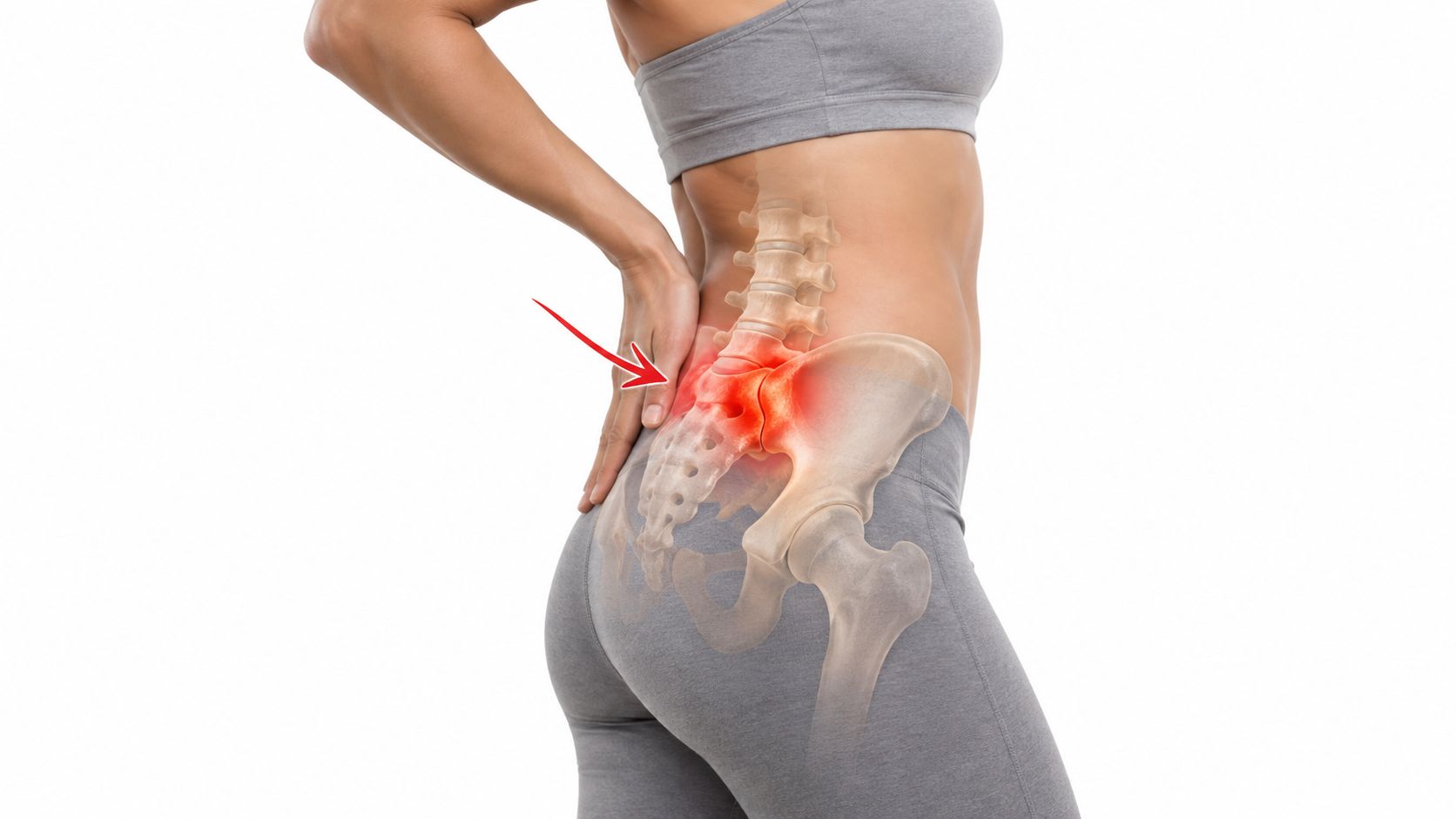 A person pointing to their lower back indicating pain in the sacroiliac joint area.