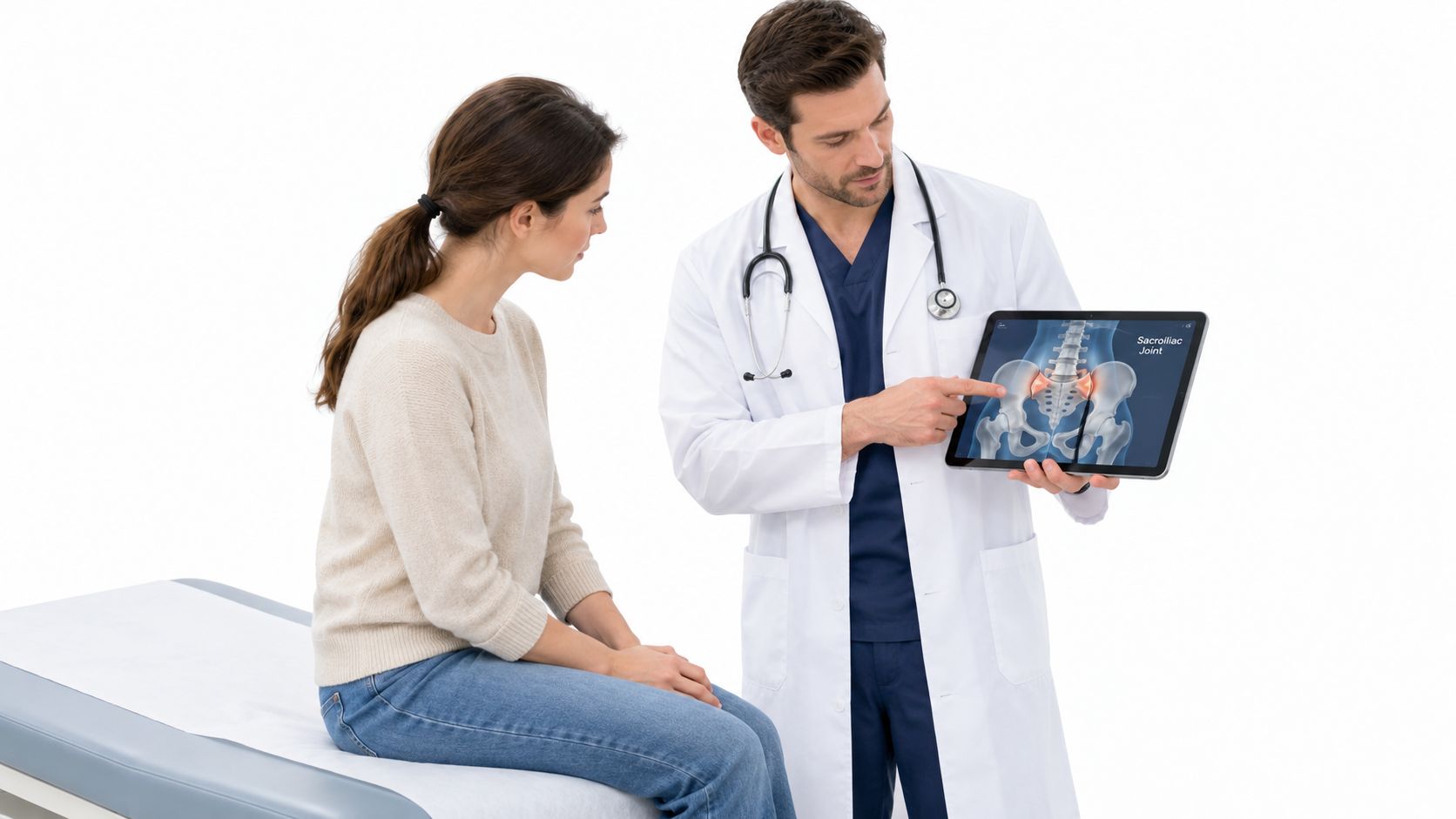 A doctor explaining the sacroiliac joint anatomy on a digital tablet screen to a female patient.