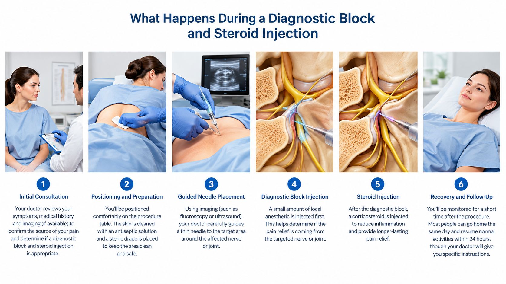 sacroiliac joint pain treatment injections injection procedure You've had low-back and buttock pain for months. Sitting through a drive, climbing stairs, or rolling over in bed can set it off, and rest, stretching, or over-the-counter medication hasn't made a lasting difference. If you live around Chicago Ridge, Illinois, you may be wondering whether an injection could help, or whether it would just mean another procedure without a clear answer. Sacroiliac Joint Pain Treatment Injections Explained A six-step infographic illustrating the medical process of a diagnostic block and steroid injection for back pain.
