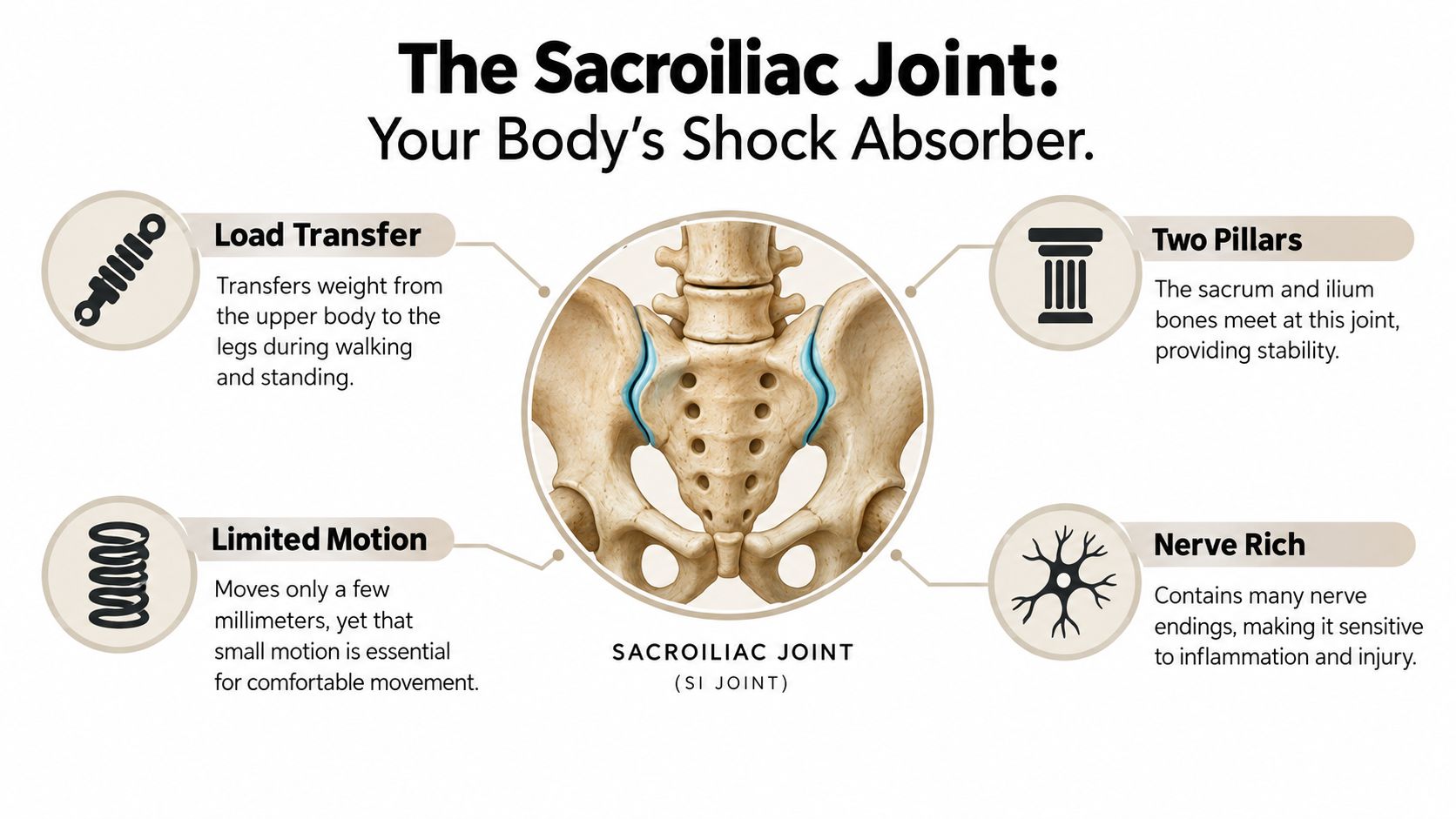 sacroiliac joint pain treatment injections sacroiliac joint You've had low-back and buttock pain for months. Sitting through a drive, climbing stairs, or rolling over in bed can set it off, and rest, stretching, or over-the-counter medication hasn't made a lasting difference. If you live around Chicago Ridge, Illinois, you may be wondering whether an injection could help, or whether it would just mean another procedure without a clear answer. Sacroiliac Joint Pain Treatment Injections Explained An educational diagram illustrating the anatomy and functions of the human sacroiliac joint in the pelvis.