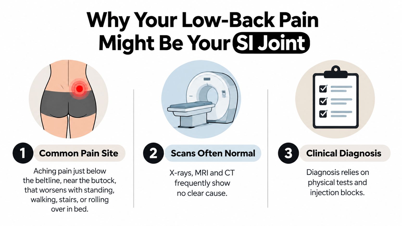 si joint pain diagnosis infographic You've had aching low-back pain for weeks or months. It sits just below the beltline, close to one buttock, and flares when you stand too long, climb stairs, walk, or roll over in bed. Then your lumbar MRI comes back without a clear explanation, leaving you wondering whether the pain is real, whether something was missed, or whether the problem might be coming from the sacroiliac joint. SI Joint Pain Diagnosis: What to Expect in Illinois An infographic showing the three main reasons why low back pain might be linked to the SI joint.