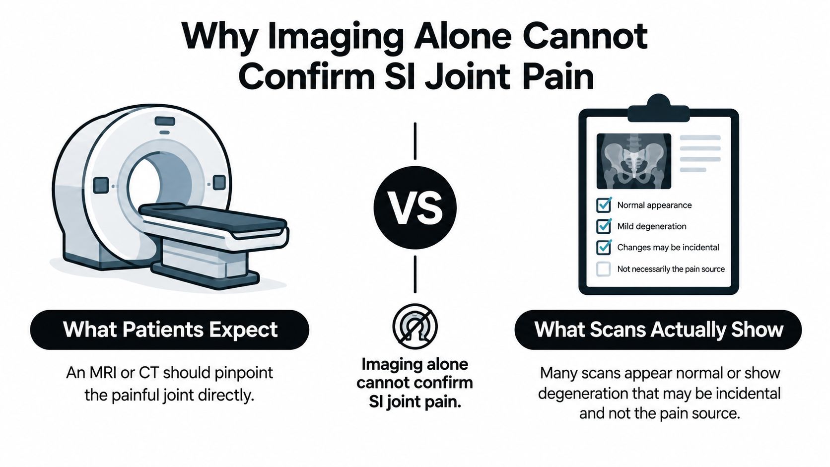 si joint pain diagnosis medical imaging You've had aching low-back pain for weeks or months. It sits just below the beltline, close to one buttock, and flares when you stand too long, climb stairs, walk, or roll over in bed. Then your lumbar MRI comes back without a clear explanation, leaving you wondering whether the pain is real, whether something was missed, or whether the problem might be coming from the sacroiliac joint. SI Joint Pain Diagnosis: What to Expect in Illinois An infographic explaining that medical imaging like MRIs and CT scans cannot confirm SI joint pain.