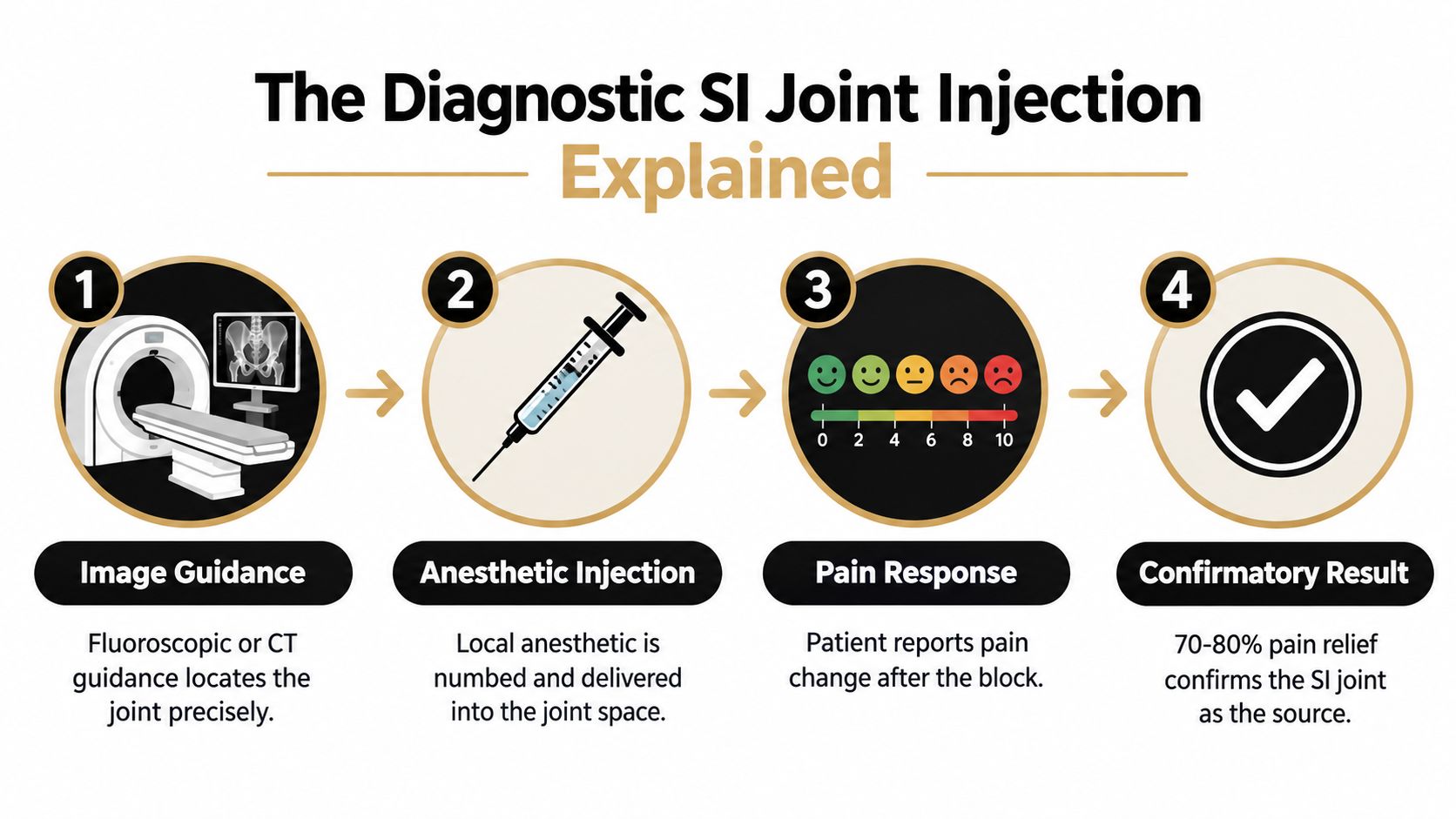 si joint pain diagnosis medical procedure You've had aching low-back pain for weeks or months. It sits just below the beltline, close to one buttock, and flares when you stand too long, climb stairs, walk, or roll over in bed. Then your lumbar MRI comes back without a clear explanation, leaving you wondering whether the pain is real, whether something was missed, or whether the problem might be coming from the sacroiliac joint. SI Joint Pain Diagnosis: What to Expect in Illinois A four-step infographic explaining the process of a diagnostic sacroiliac joint injection for identifying back pain.