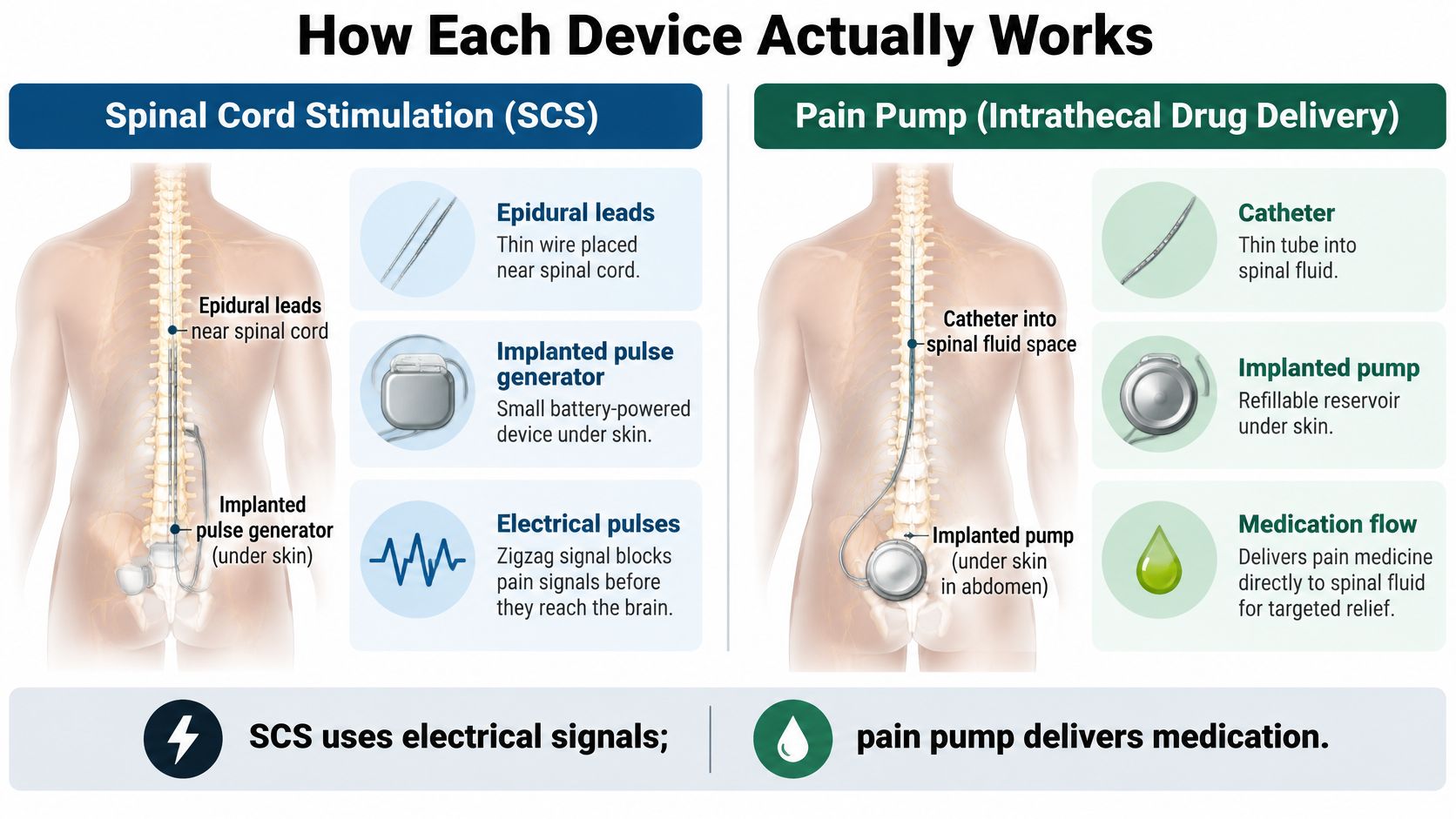 A diagram comparing spinal cord stimulation and pain pump systems for managing chronic pain in the body.