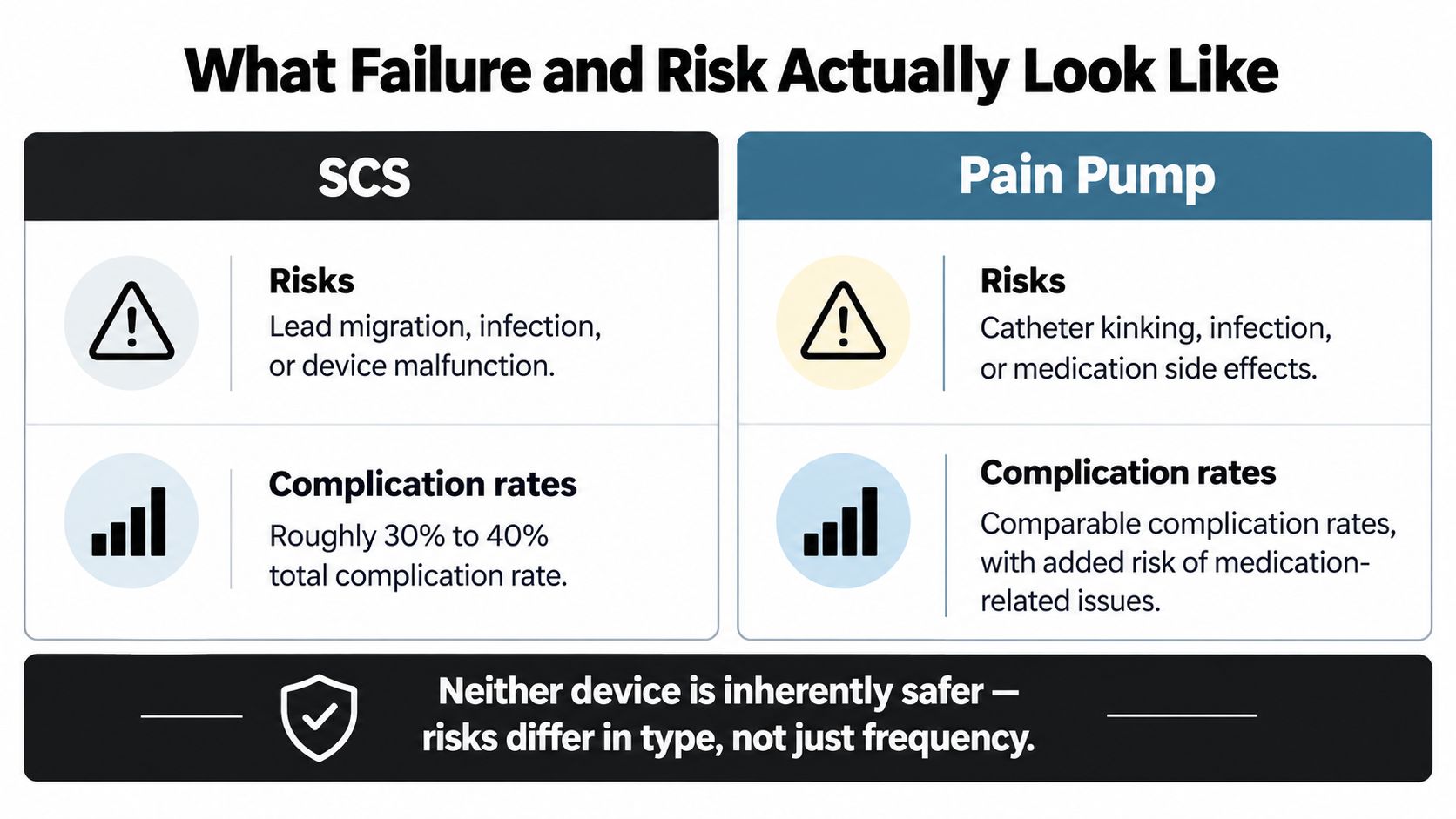 A comparison chart outlining the common risks and complication rates for Spinal Cord Stimulators and Pain Pumps.