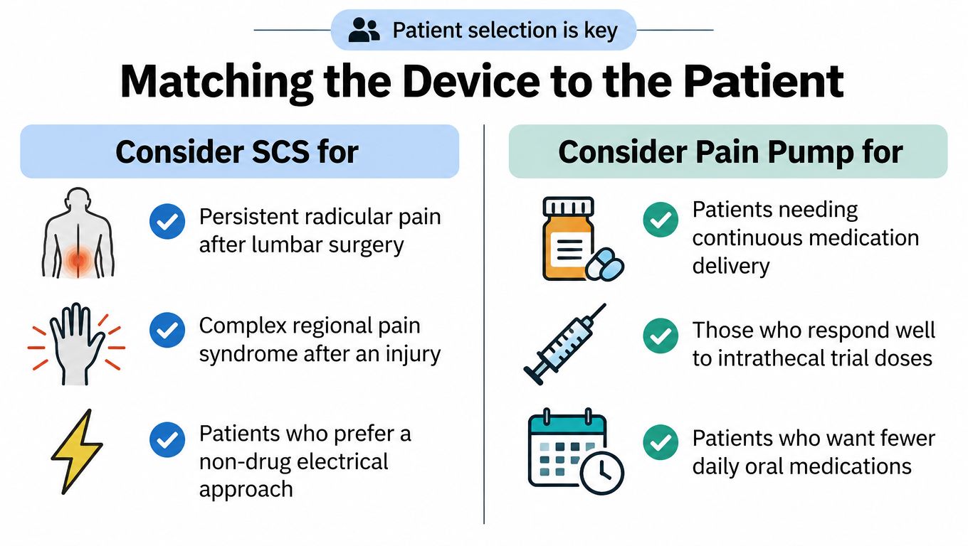A comparison chart outlining patient selection criteria for spinal cord stimulators versus implantable pain pumps.