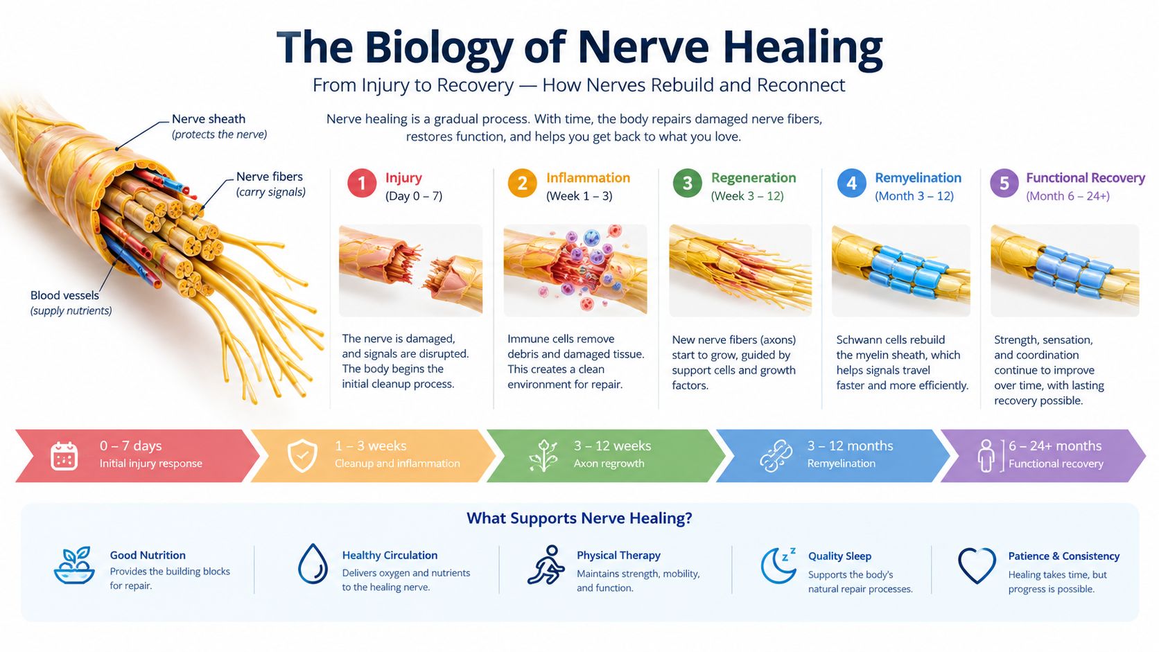 spinal nerve damage recovery nerve healing You may be dealing with persistent burning, numbness, weakness, or electric pain after an accident, a disc problem, spine surgery, or a diagnosis that was never explained clearly. The hardest question is often simple: Can the nerve recover, and how long will it take? Spinal Nerve Damage Recovery: A Patient's Guide A detailed infographic explaining the biology of nerve healing, from initial injury through regeneration and functional recovery.