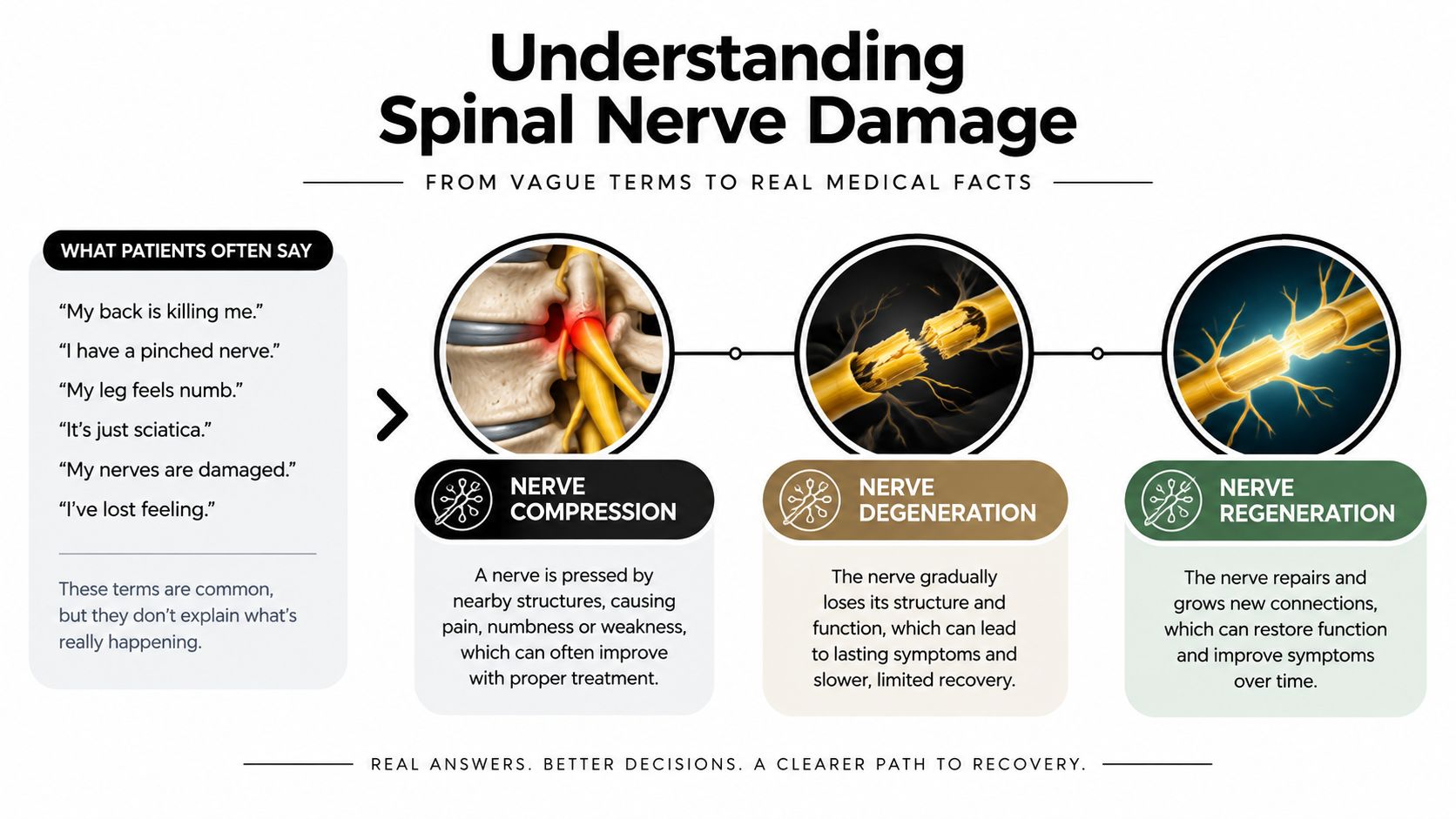 spinal nerve damage recovery nerve stages You may be dealing with persistent burning, numbness, weakness, or electric pain after an accident, a disc problem, spine surgery, or a diagnosis that was never explained clearly. The hardest question is often simple: Can the nerve recover, and how long will it take? Spinal Nerve Damage Recovery: A Patient's Guide A diagram explaining the three stages of spinal nerve damage: nerve compression, degeneration, and regeneration.