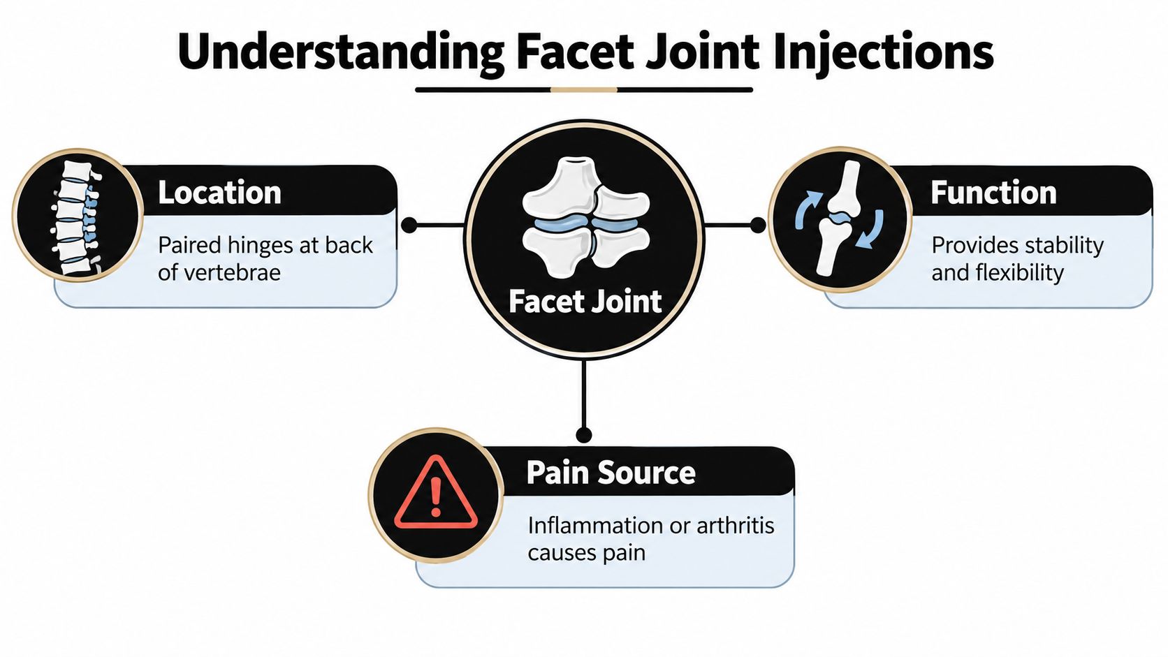 what is facet joint injection facet joint A facet joint injection is a targeted, image-guided spinal procedure that delivers local anesthetic, often with corticosteroid, into or near a facet joint or its supplying nerves. Facet joints are implicated in approximately 15%–45% of low-back pain, 54%–67% of neck pain, and 48% of thoracic pain, but the injection's most important role is often diagnosing the pain source rather than promising permanent relief. What Is Facet Joint Injection: A Patient Guide An infographic titled Understanding Facet Joint Injections explaining their location, function, and role as a pain source.