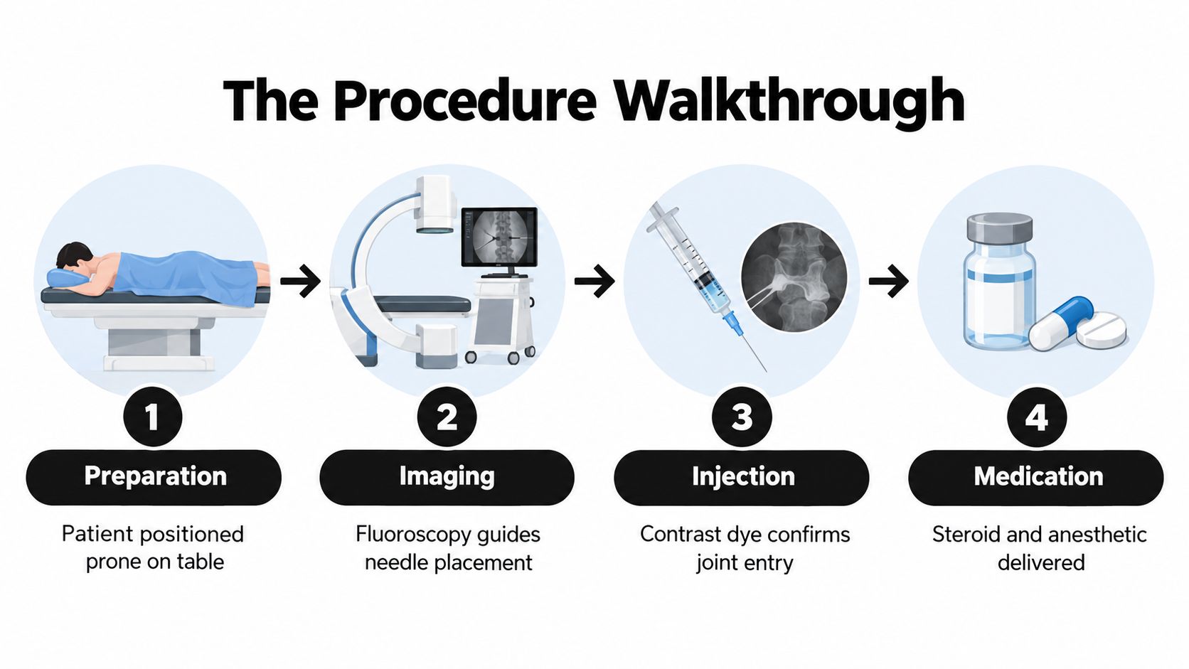 what is facet joint injection procedure steps A facet joint injection is a targeted, image-guided spinal procedure that delivers local anesthetic, often with corticosteroid, into or near a facet joint or its supplying nerves. Facet joints are implicated in approximately 15%–45% of low-back pain, 54%–67% of neck pain, and 48% of thoracic pain, but the injection's most important role is often diagnosing the pain source rather than promising permanent relief. What Is Facet Joint Injection: A Patient Guide A four-step infographic illustrating the medical procedure for a facet joint injection from preparation to medication.